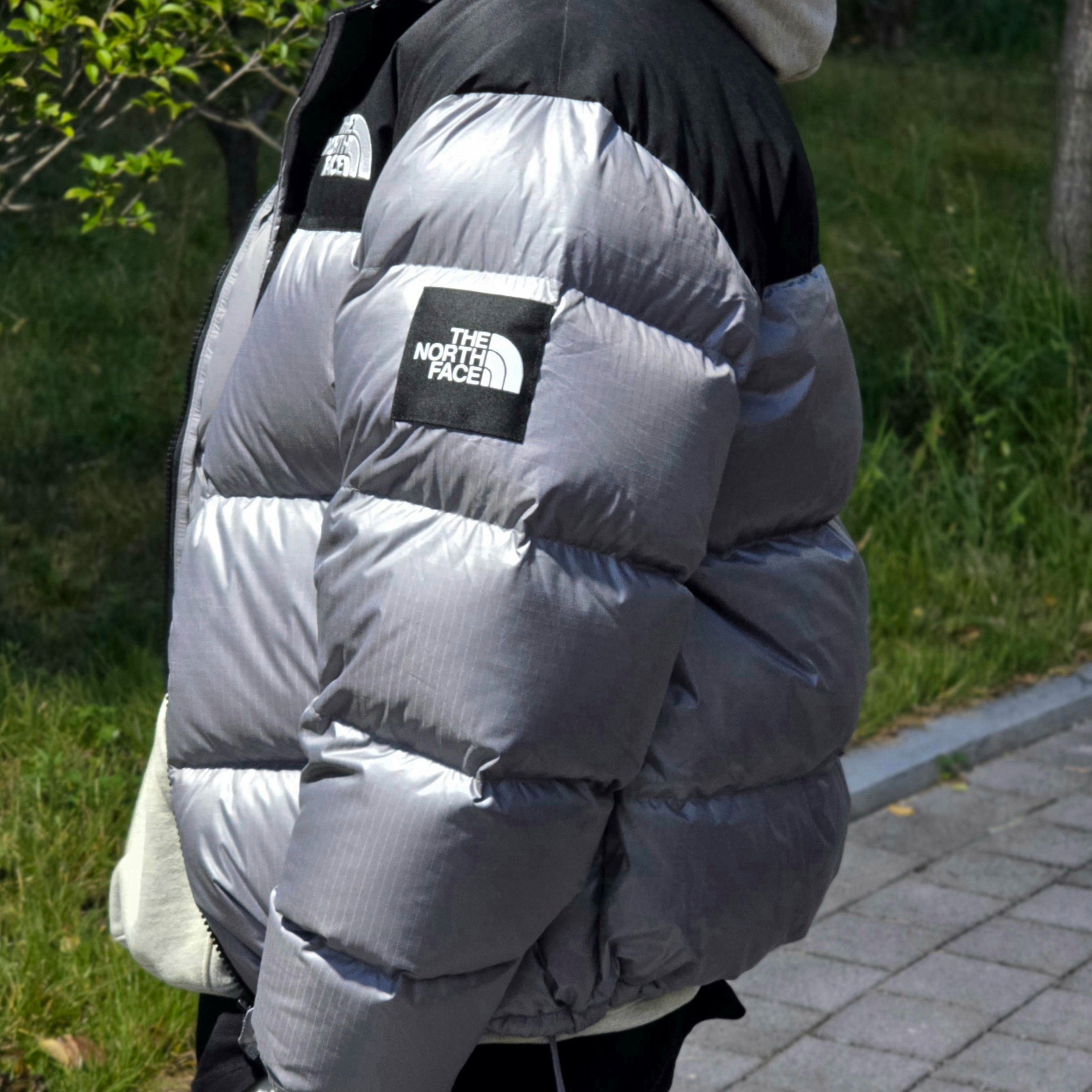 The North Face White Label Novelty Nuptse Down Jacket Heather Gray 착용 스타일 - 2