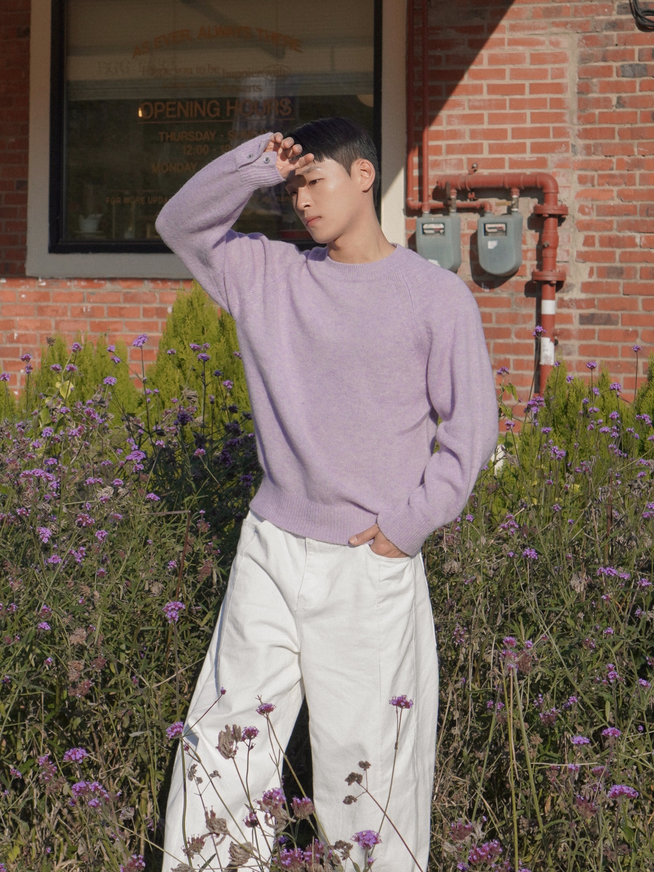 Knitted Shaggy Dog Wool 100% Round Knit Lavender 착용 스타일