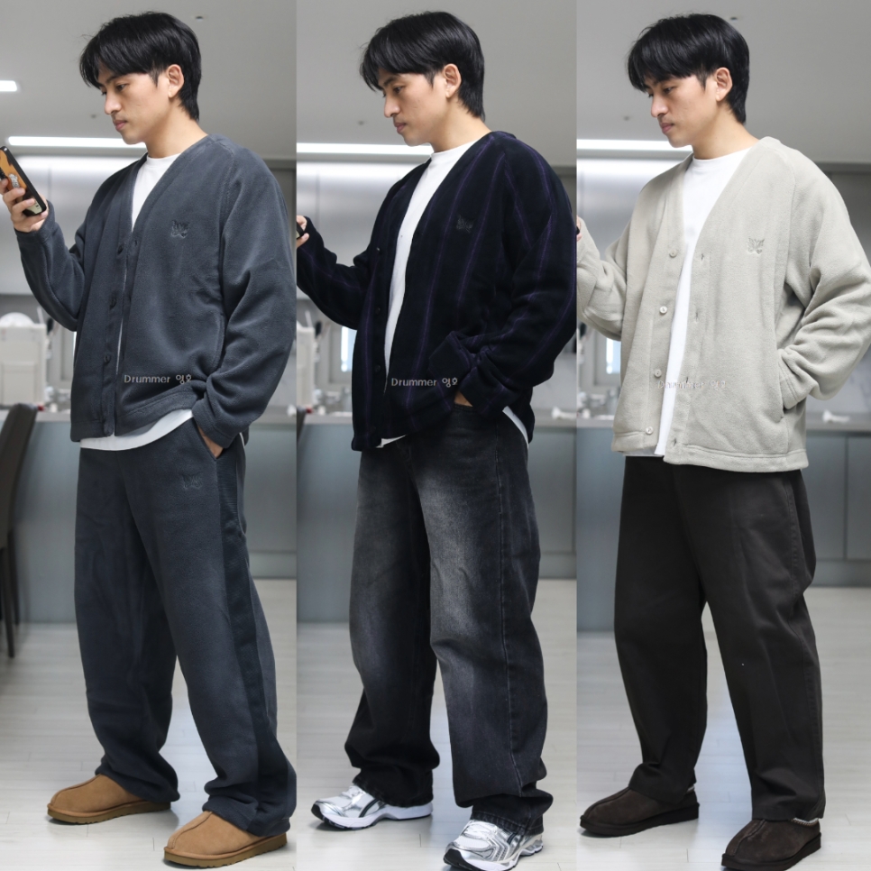Uniqlo x Needles Fleece Oversized Cardigan Black - KR, Uniqlo x Needles Fleece Wide Pants Dark Gray - KR 착용 스타일