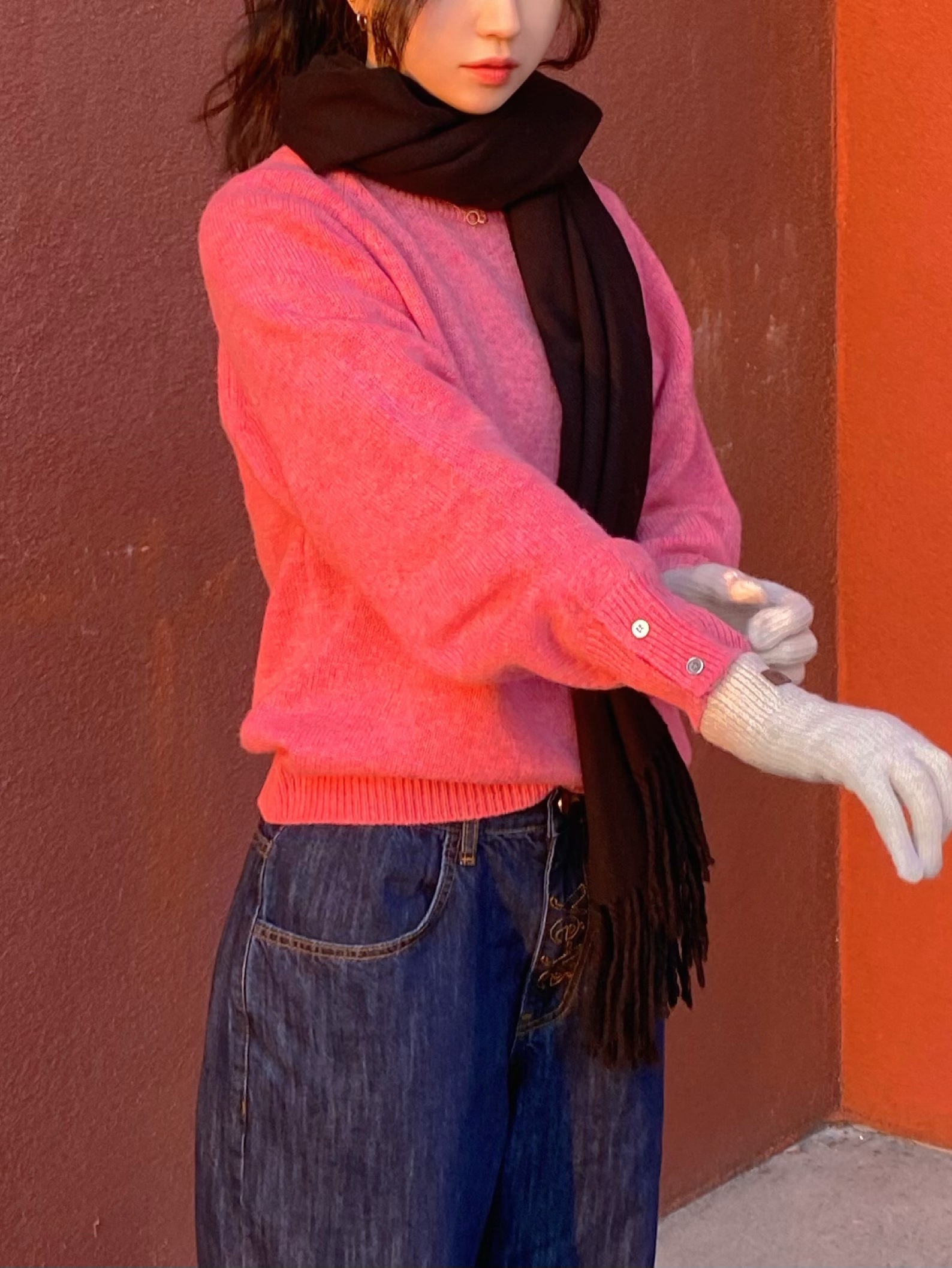 Knitted Shaggy Dog Wool 100% Round Knit Ginger Pink 착용 스타일