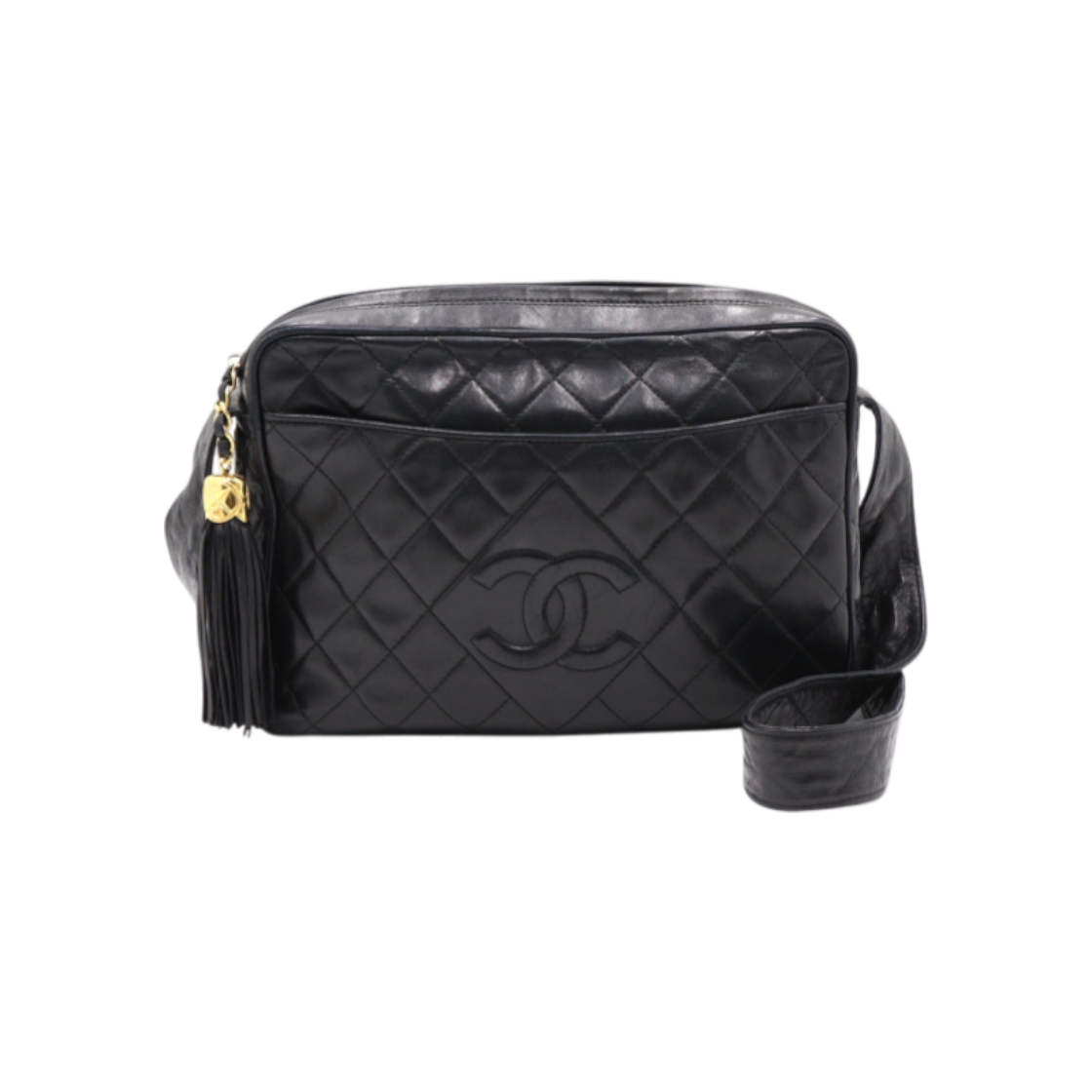 ITTD247VORHD Chanel Vintage Matelasse Black Lambskin CC Shoulder Bag with Gold Chain Tassel