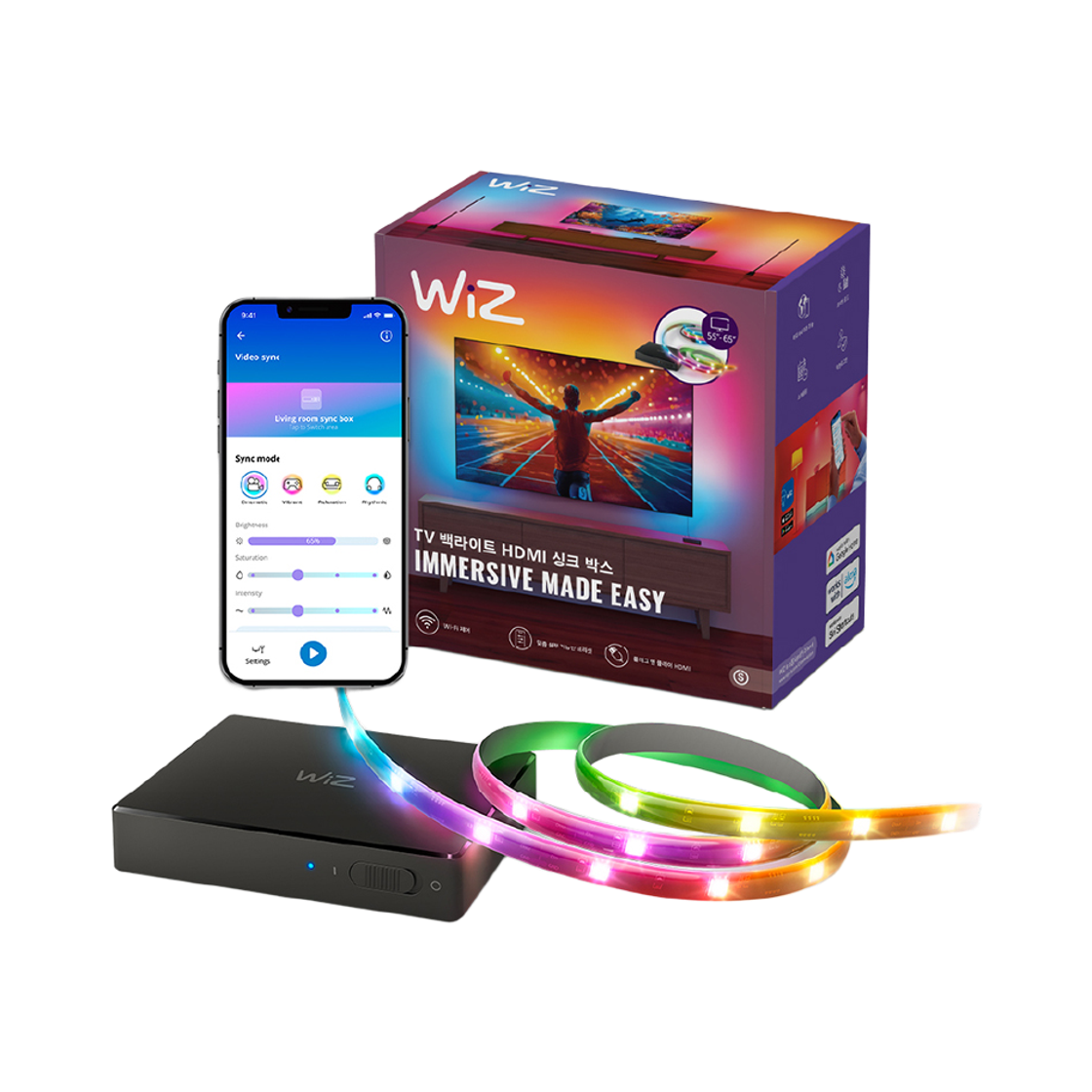 위즈 55-65 139cm TV용 라이트스트립+싱크박스 스타터킷 줄조명(Wiz 55-65 139cm TV Light Strip + Sync Box Starter Kit String Lighting)