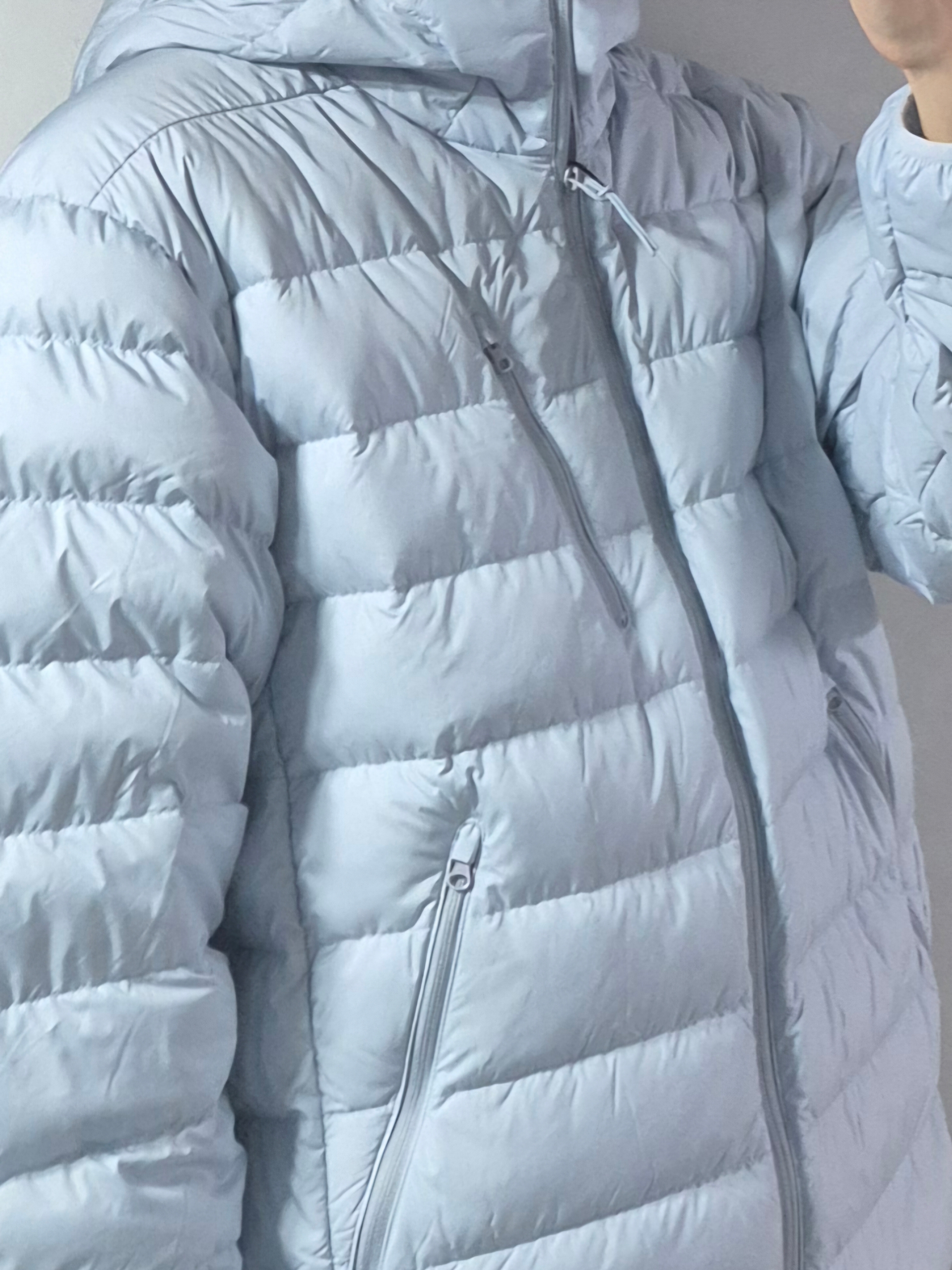 Musinsa Standard City Leisure Hooded Light Down Jacket Cloudy Blue 착용 스타일 - 1