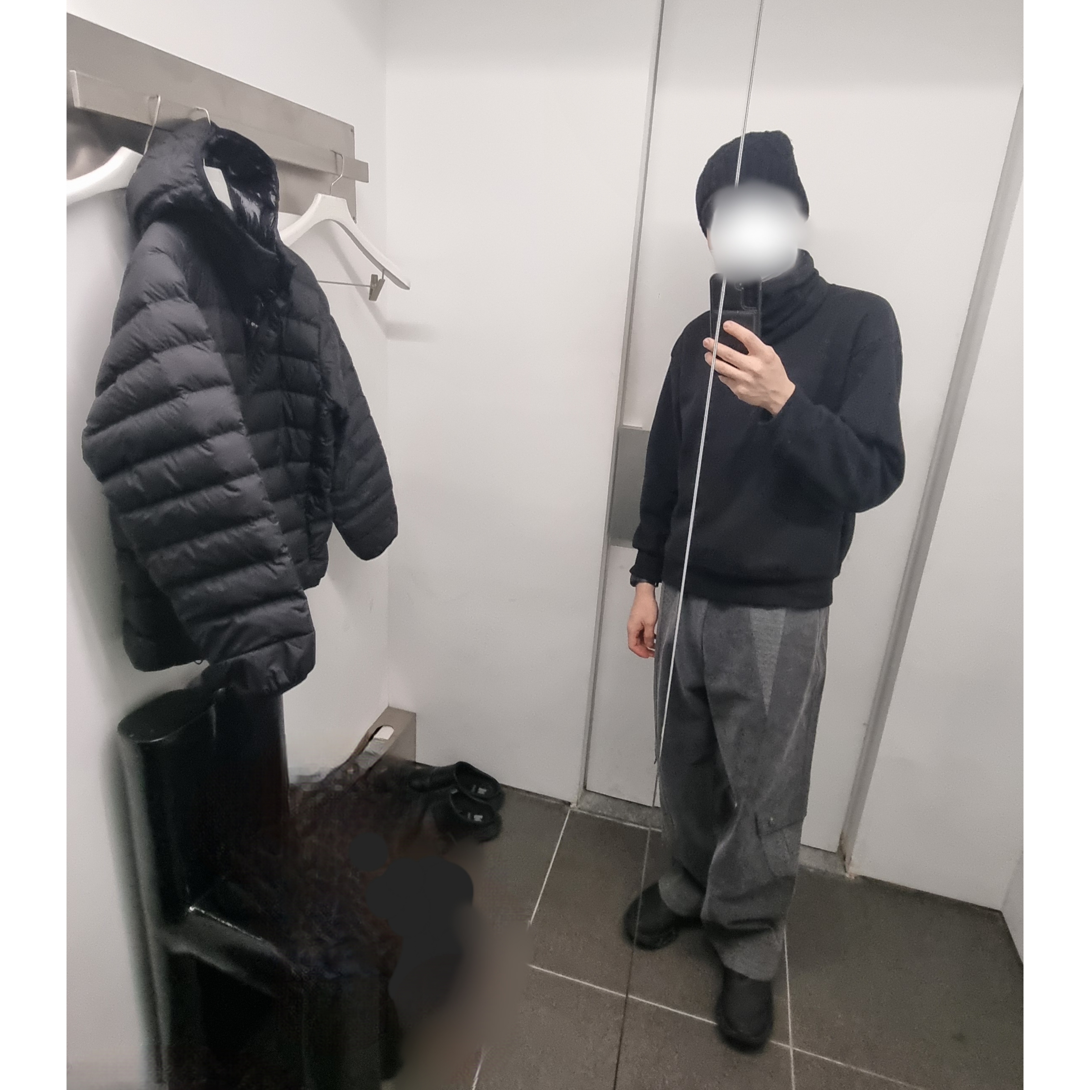 On Running x Post Archive Faction (Paf) Cloudmonster 2 Black Magnet, Uniqlo x JW Anderson Heattech Diamond Stitch Beanie Black 착용 스타일 - 4