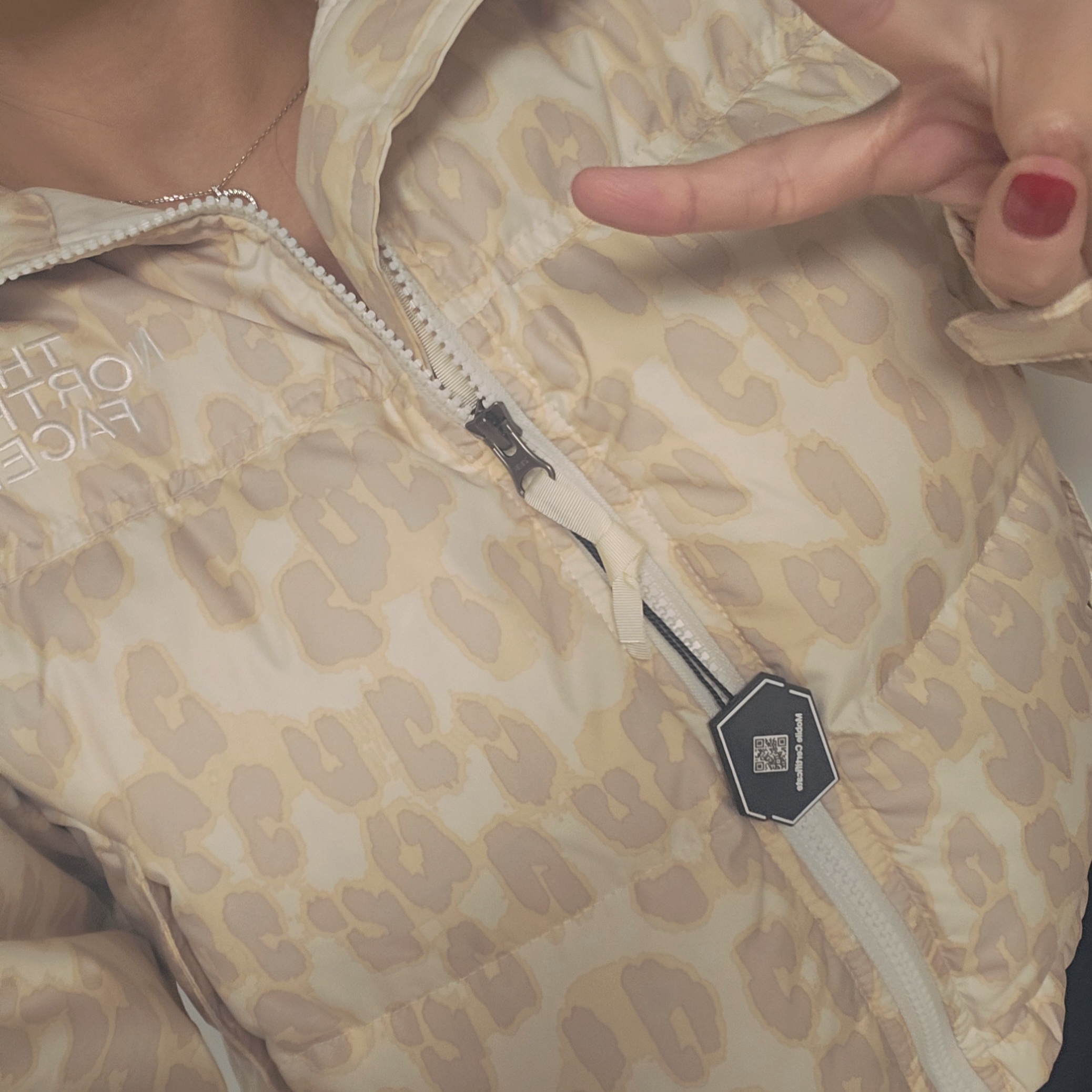 (W) The North Face Print Nuptse Short Jacket Silver Grey Leopard Print 착용 스타일 - 1