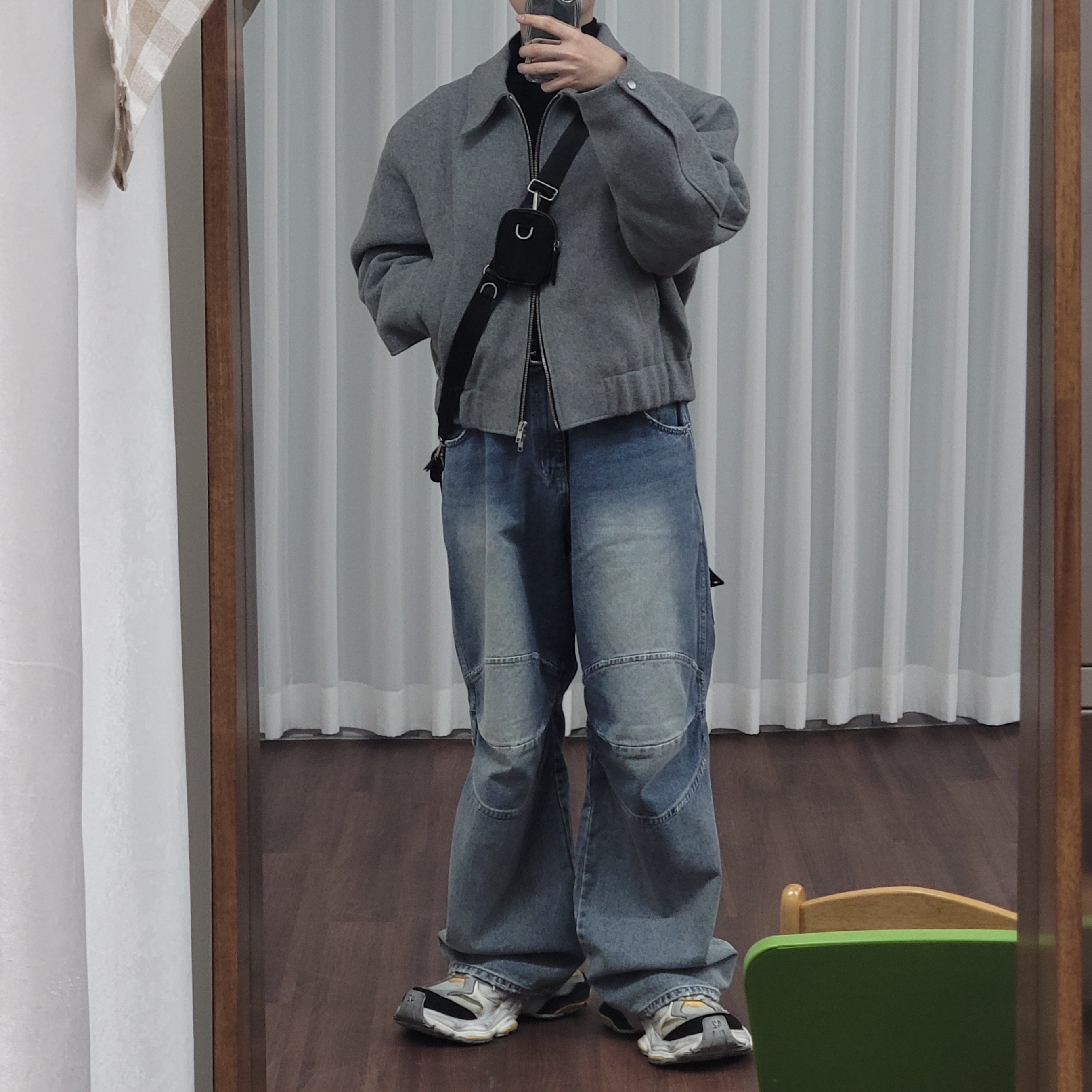 MJD Wool Cropped Jacket Melange Grey, MJD 3D Knee Denim Pants Blue 착용 스타일