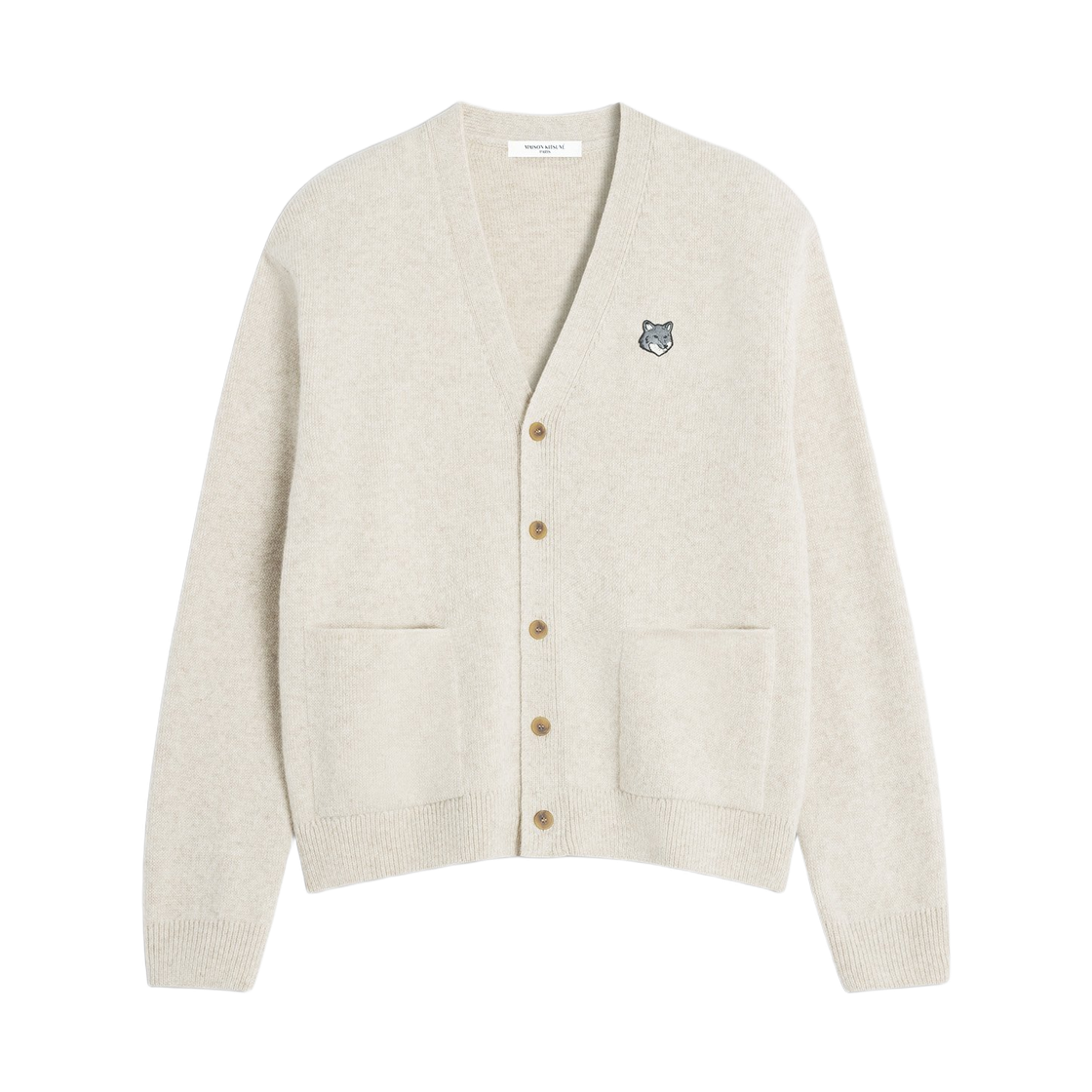 PM00510KT1180-0335 Maison Kitsune Fox Head Milano Lambswool Cardigan Tan Beige