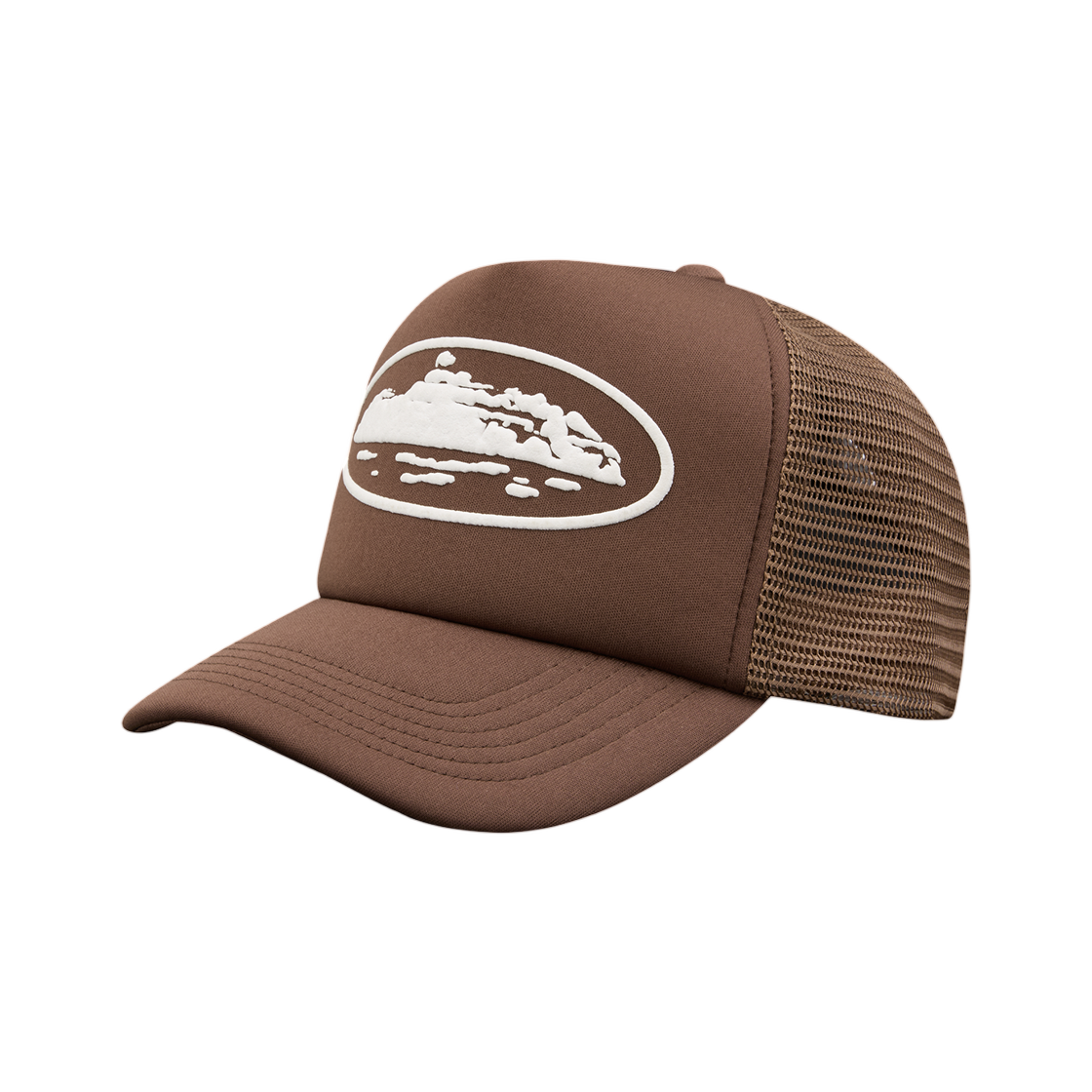 코르테이즈 아일랜드 퍼프 프린트 트러커 햇 브라운(Corteiz Island Puff Print Trucker Hat Brown)