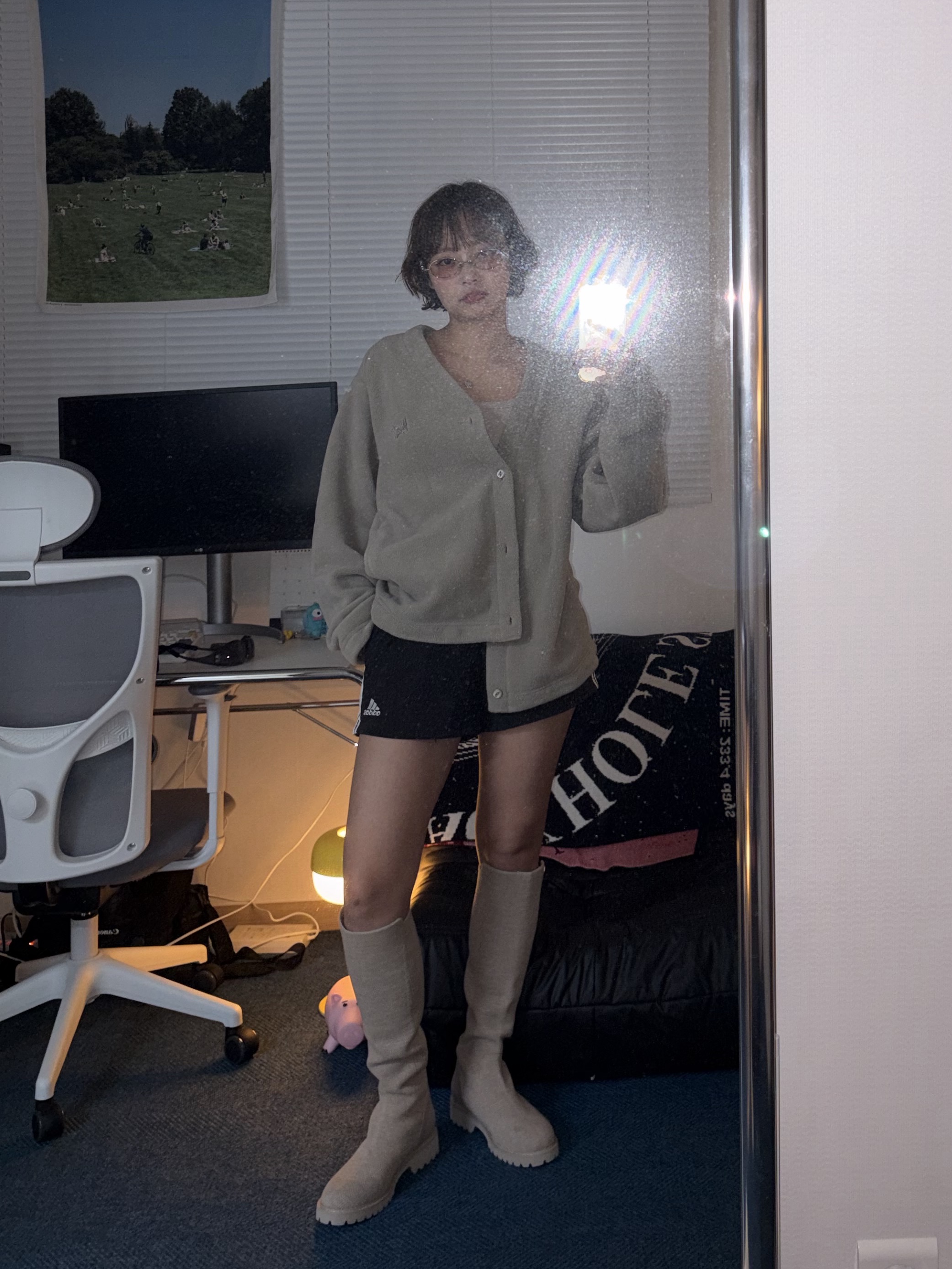 Uniqlo x Needles Fleece Oversized Cardigan Beige - KR, (W) Adidas 3-Stripes Woven Shorts Black - KR Sizing 착용 스타일 - 1