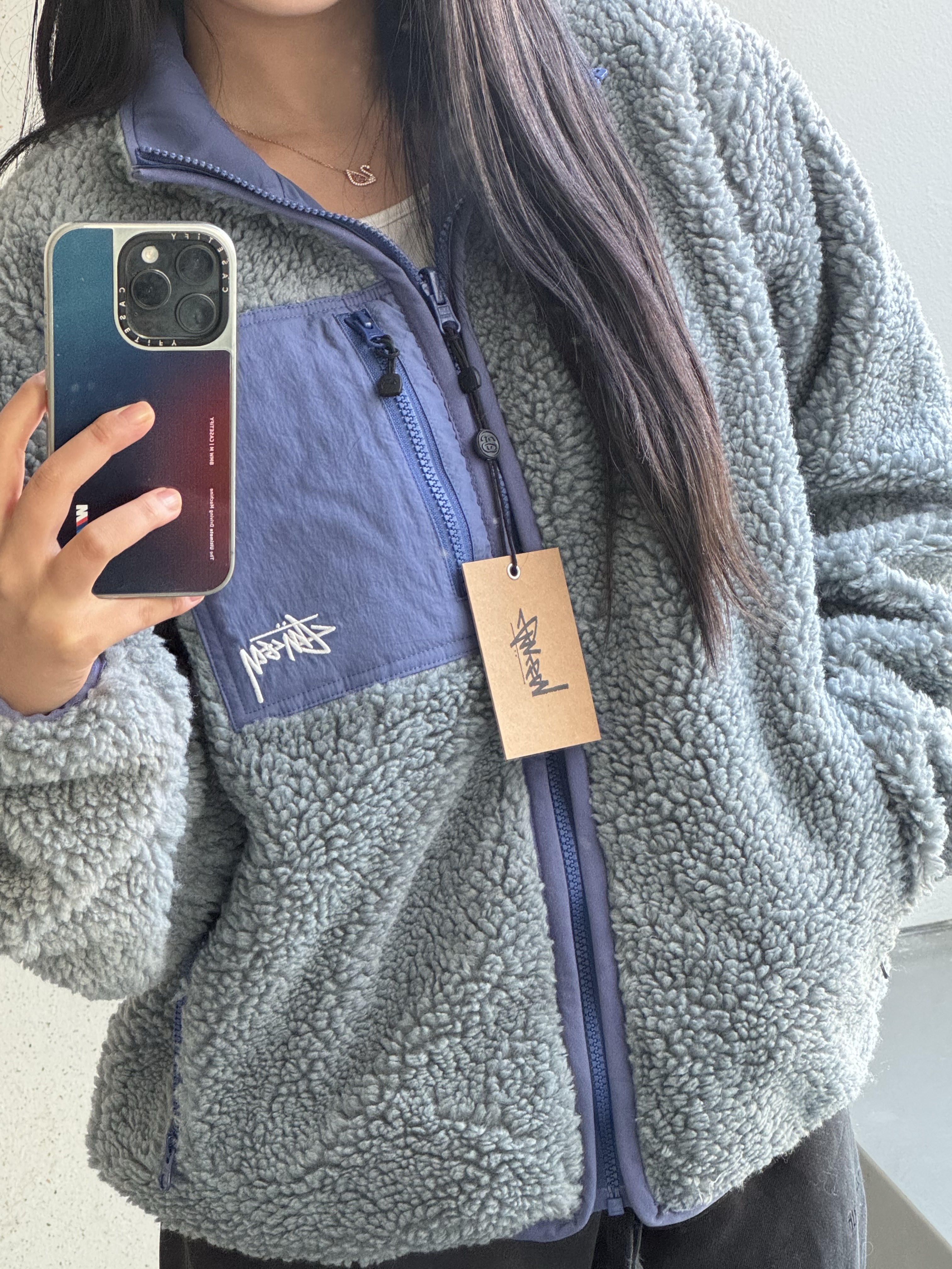 Stussy Sherpa Reversible Jacket Bluestone 착용 스타일 - 1