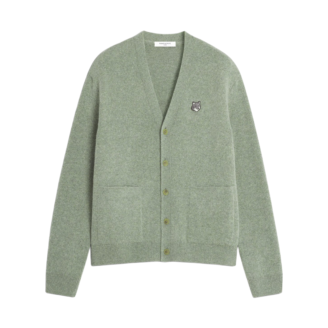 PM00510KT1180-P131 Maison Kitsune Fox Head Milano Lambswool Cardigan Laurel Green