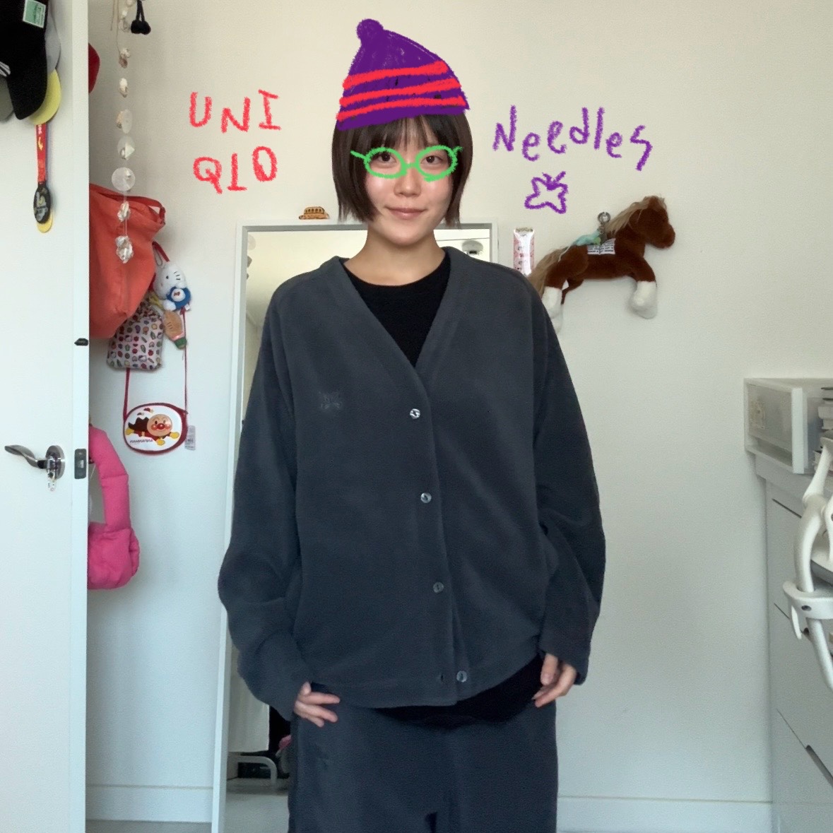 Uniqlo x Needles Fleece Oversized Cardigan Dark Gray - KR, Uniqlo x Needles Fleece Wide Pants Dark Gray - KR 착용 스타일 - 1