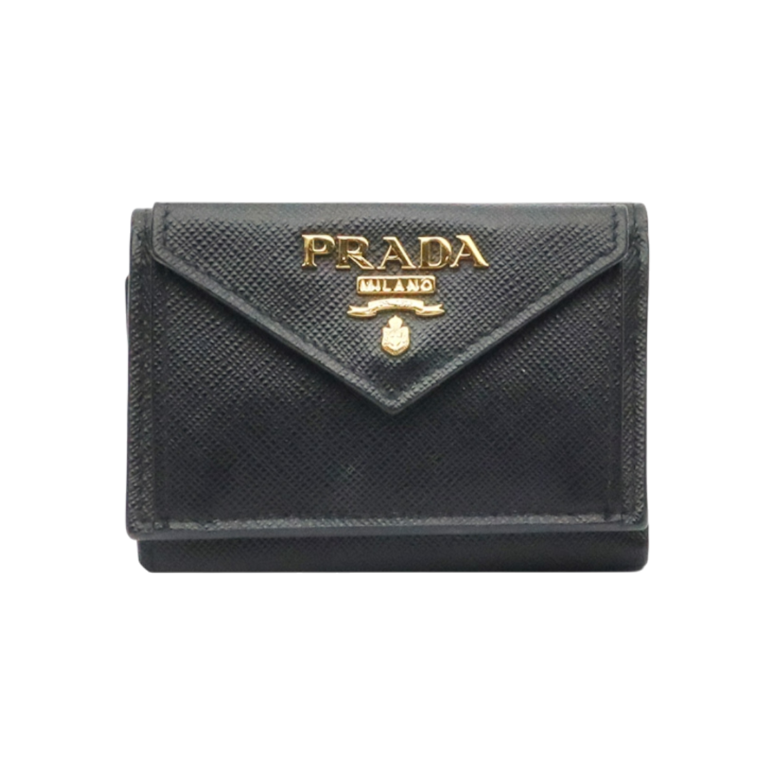 IT2LHVQVLD55 Prada 1MH021 Black Saffiano Vitello Gold Metal Logo Tri-Fold Mini Wallet