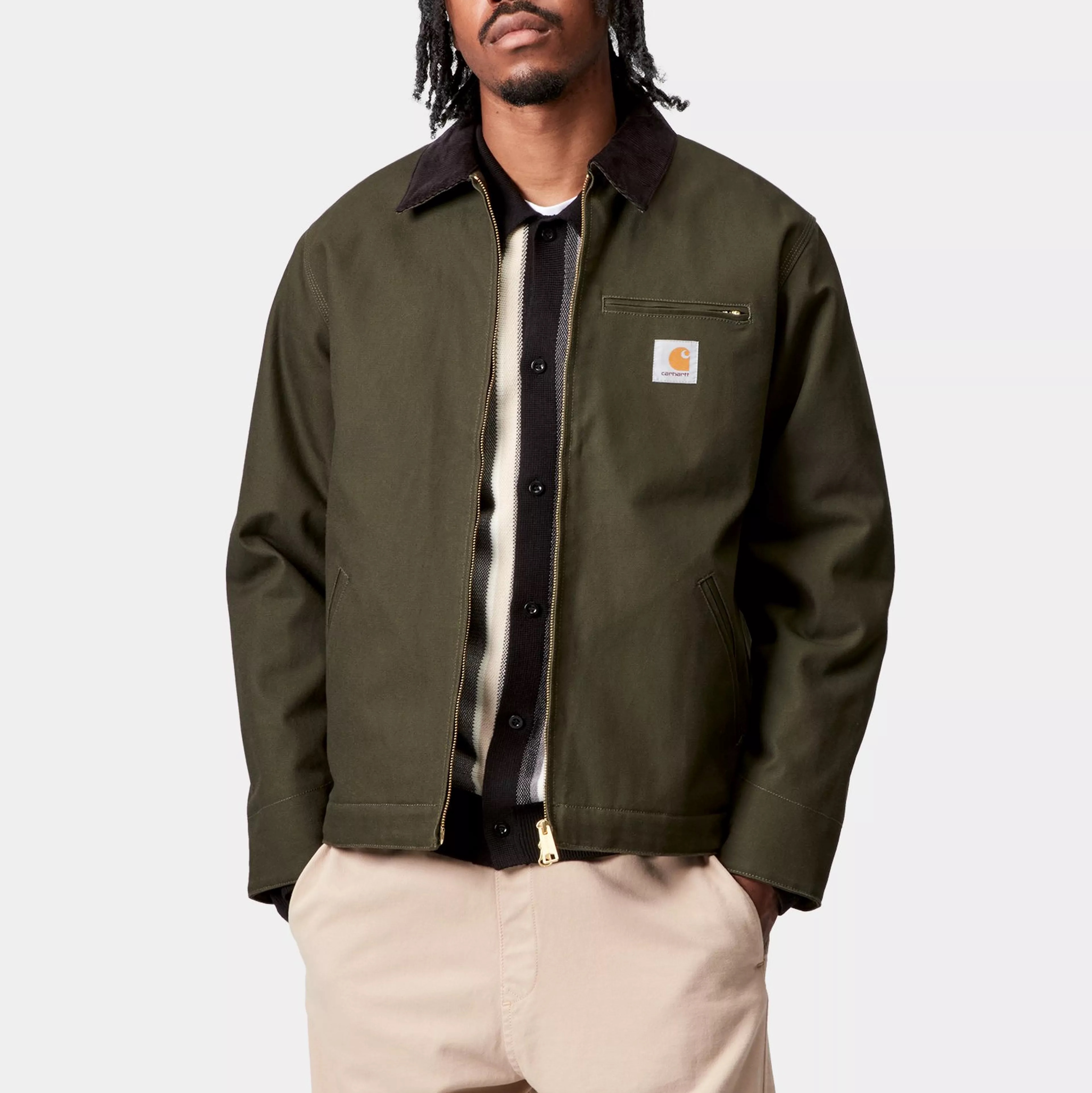 Carhartt WIP OG Detroit Jacket Olive Black Stone Canvas - Winter 착용 스타일