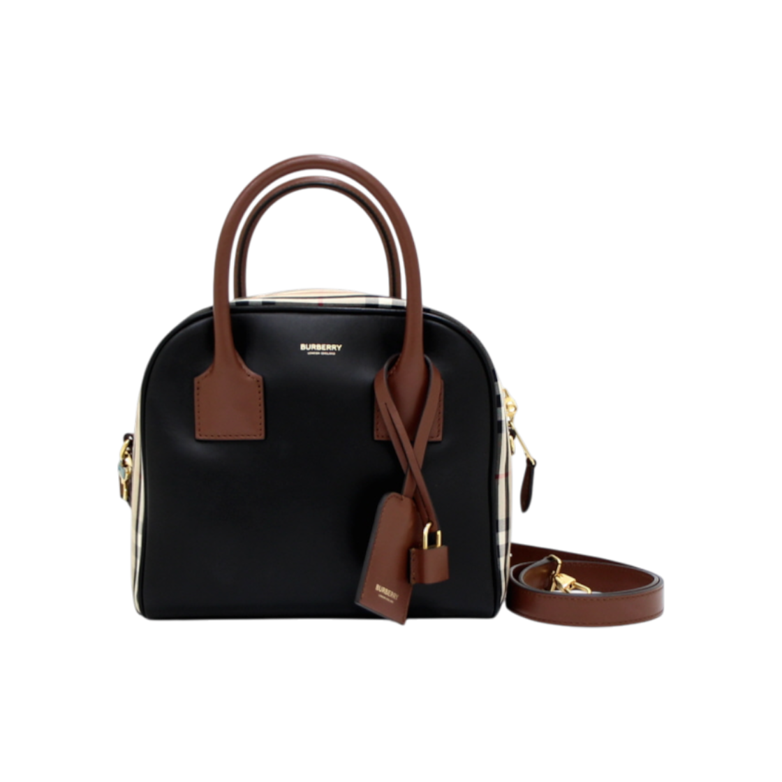 ITC6FVEL6R6E Burberry Black Leather Vintage Check Small Cube Tote and Shoulder Bag AA38473