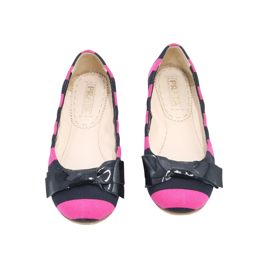 프라다 블랙 핑크 스트라이프 캔버스 리본 장식 여성 플랫 슈즈 36.5(Prada Black Pink Striped Canvas Ribbon Detail Women's Flats 36.5)