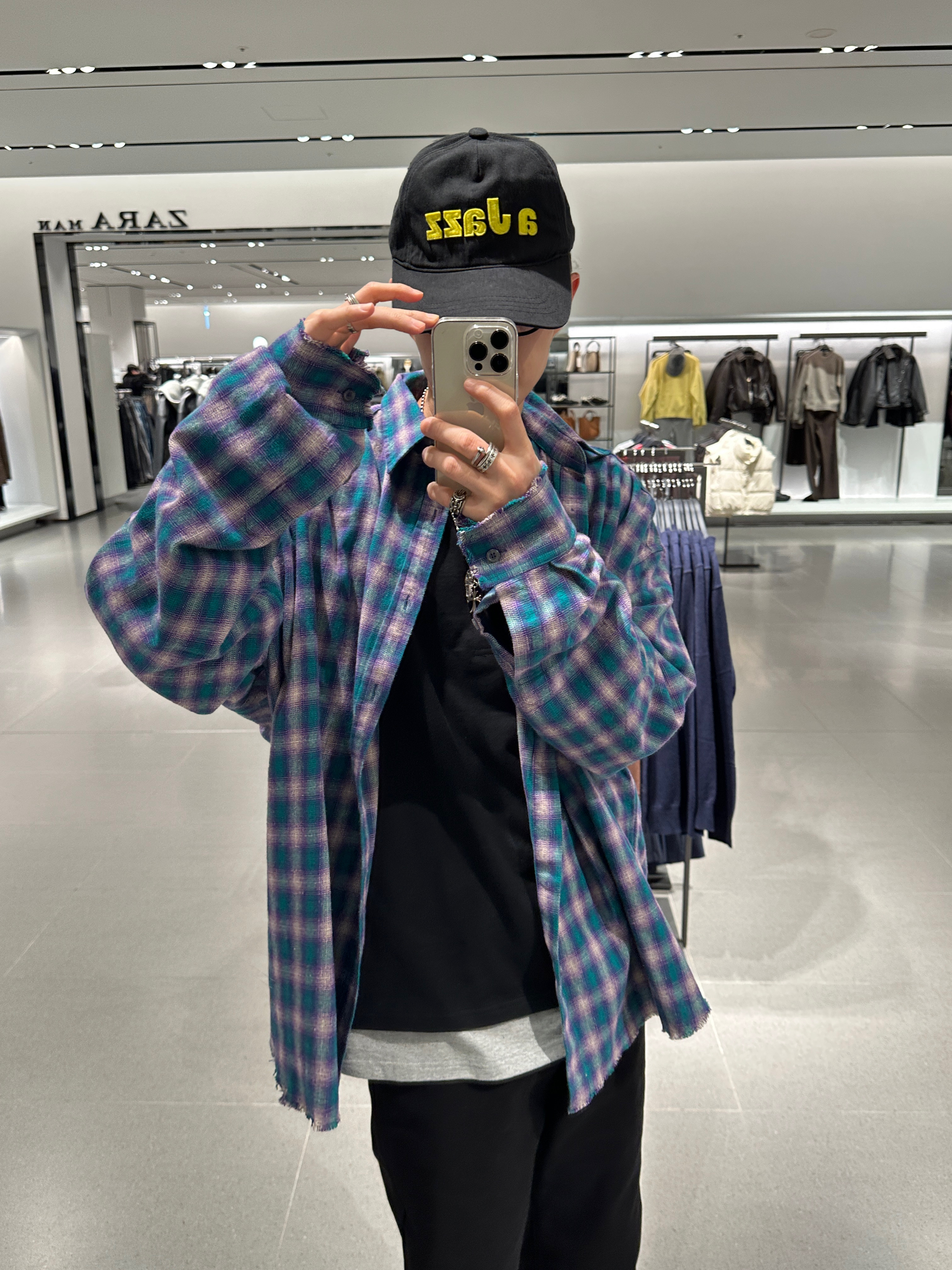 Nonnod Flexible String Check Shirt Purple Grunge, Kikozy A Jazz Cap Black 착용 스타일 - 2