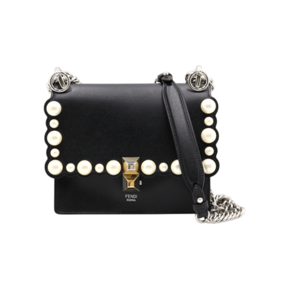 펜디 8M0381 캔아이 블랙 스몰 진주 장식 은장 체인 숄더백 겸 크로스백 aa39025(Fendi Can Eye Black Small Pearl-Detail Silver Chain Shoulder and Crossbody Bag) - 1