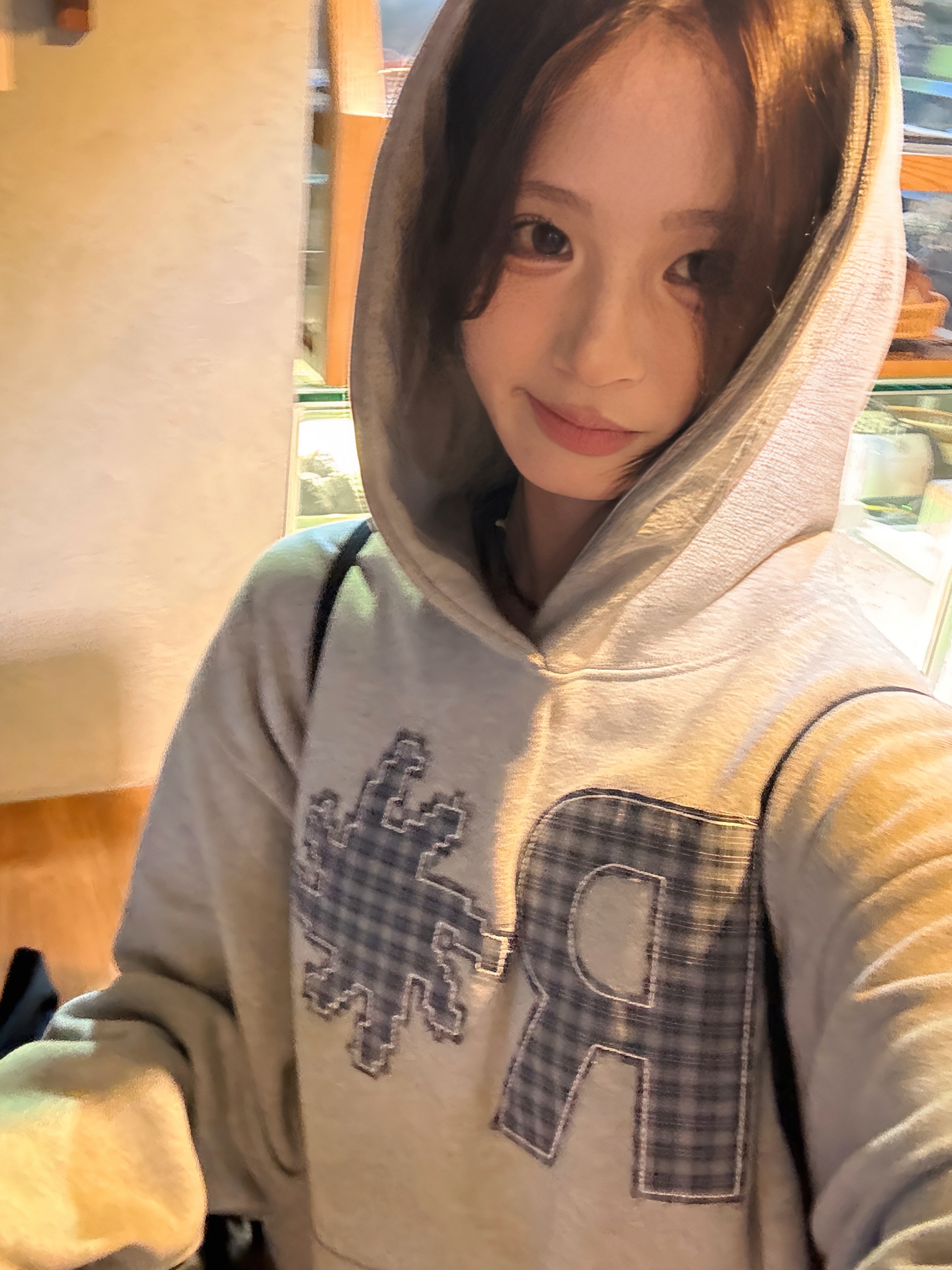 SLOW RECORD HOUSE Check Patch Hoodie Grey 착용 스타일 - 4