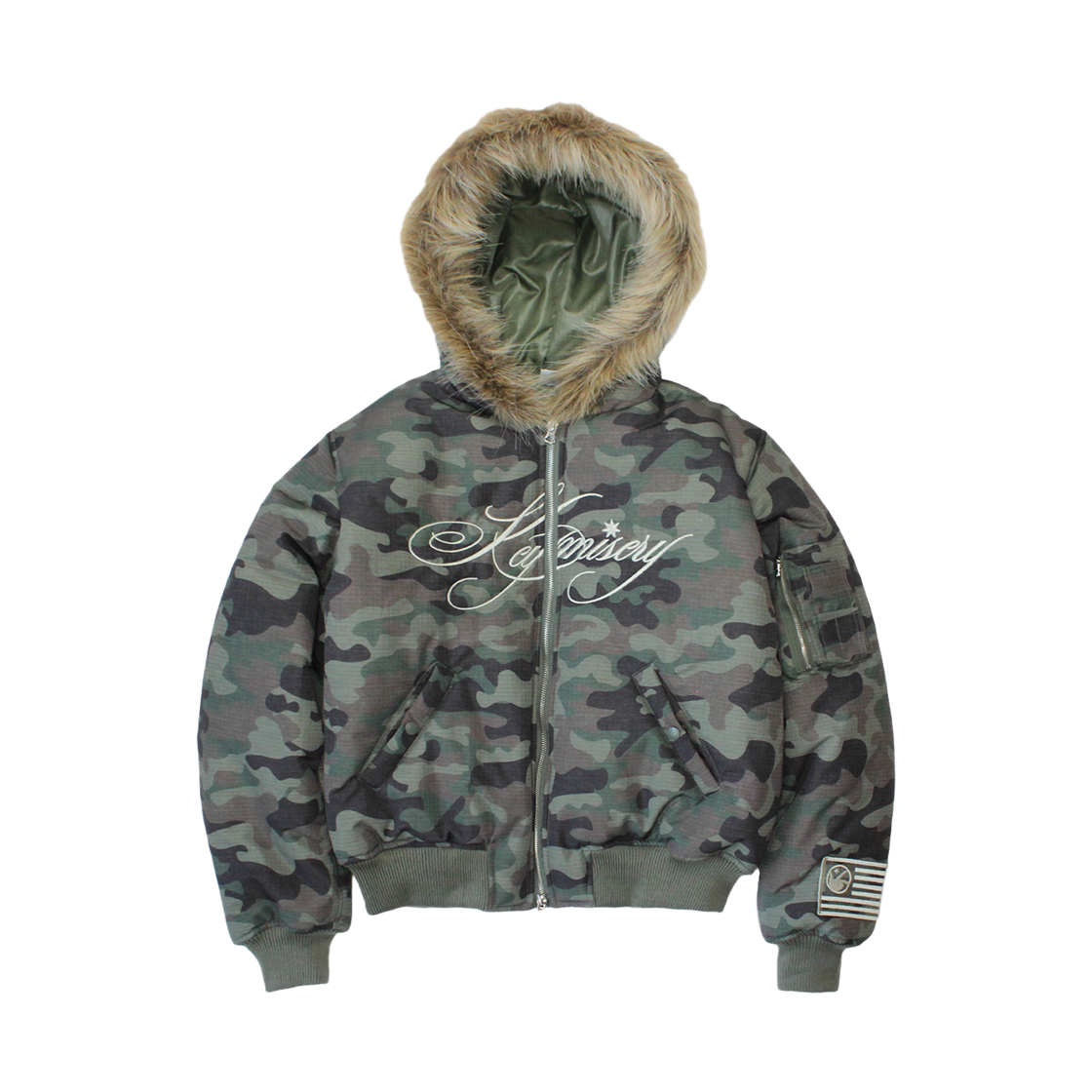 KM25AWJK04-KHI Keymisery Cropped Fur Hood MA-1 Jacket - Camo
