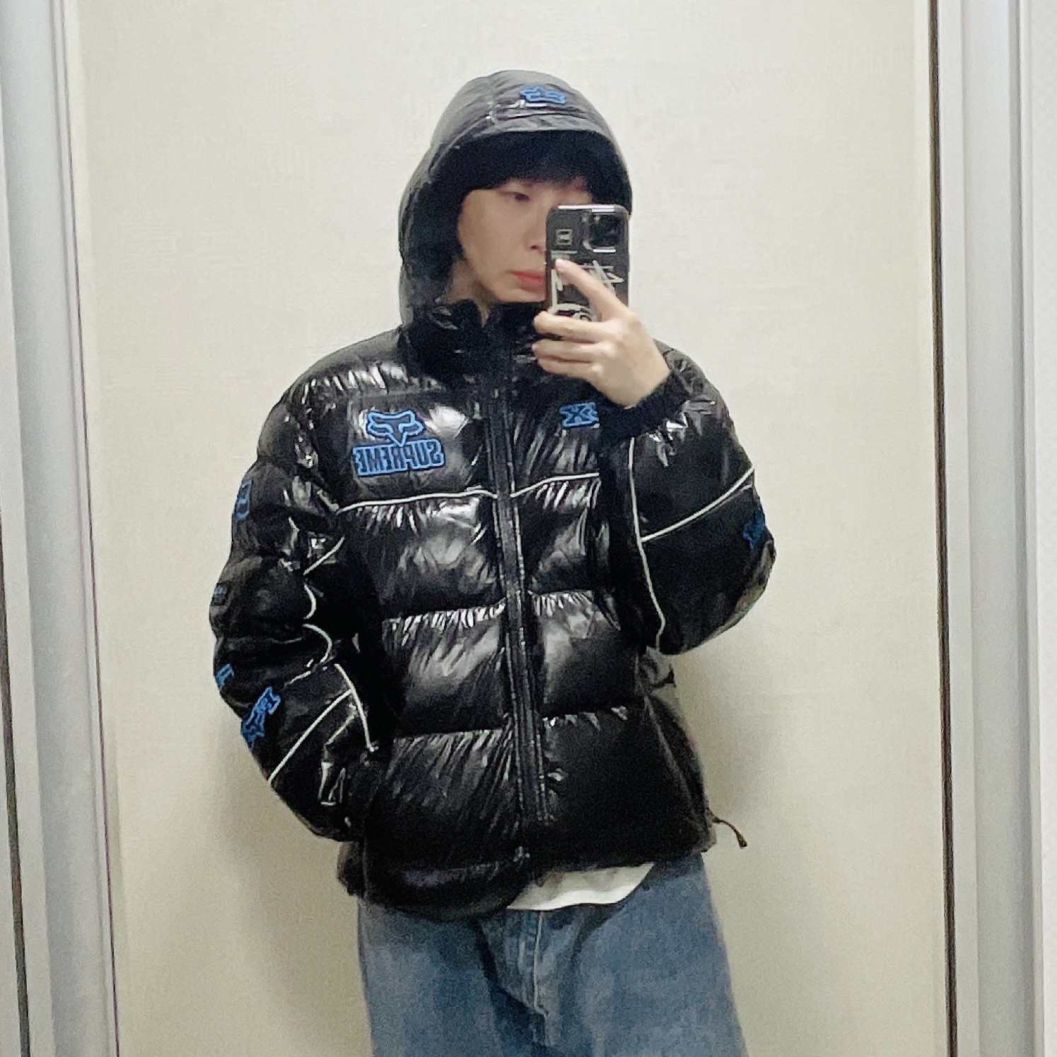 Supreme x Fox Racing Shiny Down Puffer Jacket Black - 25FW 착용 스타일