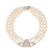 (W) Vivienne Westwood Three Row Pearl Bas Relief Choker Silver