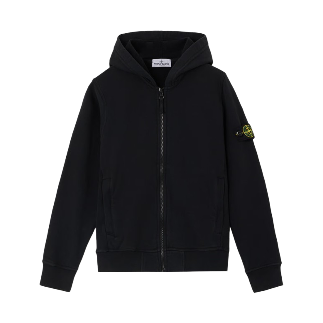 (키즈) 스톤 아일랜드 6100003 포켓 립드 디테일 오가닉 코튼 플리스 후드 집업 스웨트셔츠 블랙 - 25FW((Kids) Stone Island 6100003 Organic Cotton Fleece Hooded Zip Up Sweatshirt with Pockets and Ribbed Details Black - 25FW) - 1