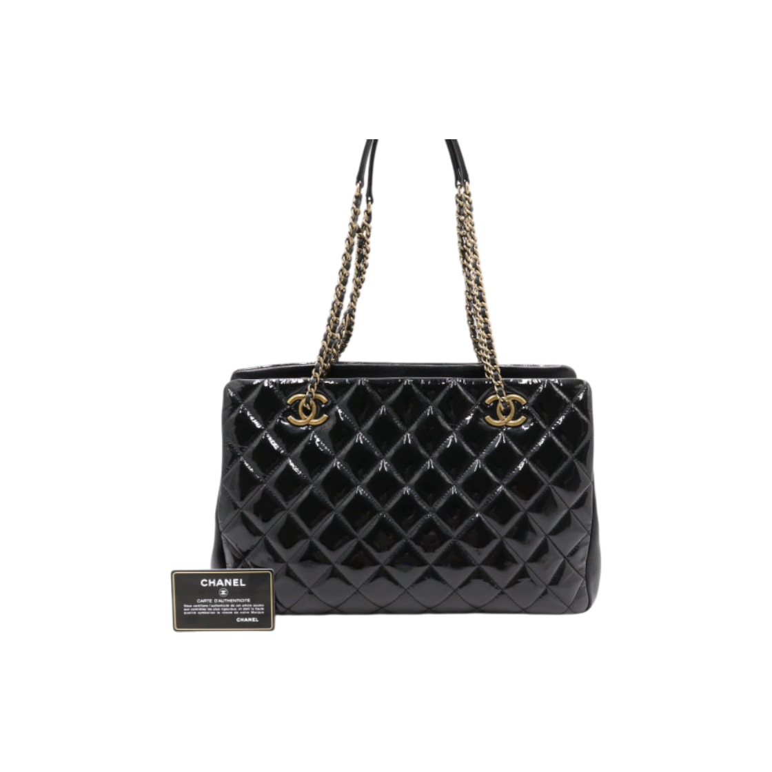 IT62DBRE7TJJ Chanel Black Patent Coco Gold Logo Chain Shoulder Bag