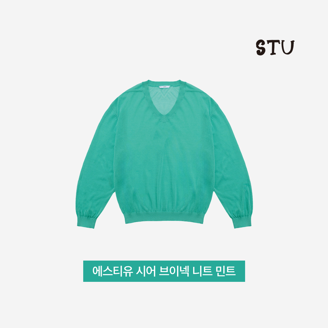 STU Sheer V-neck Knit Mint 착용 스타일 - 3