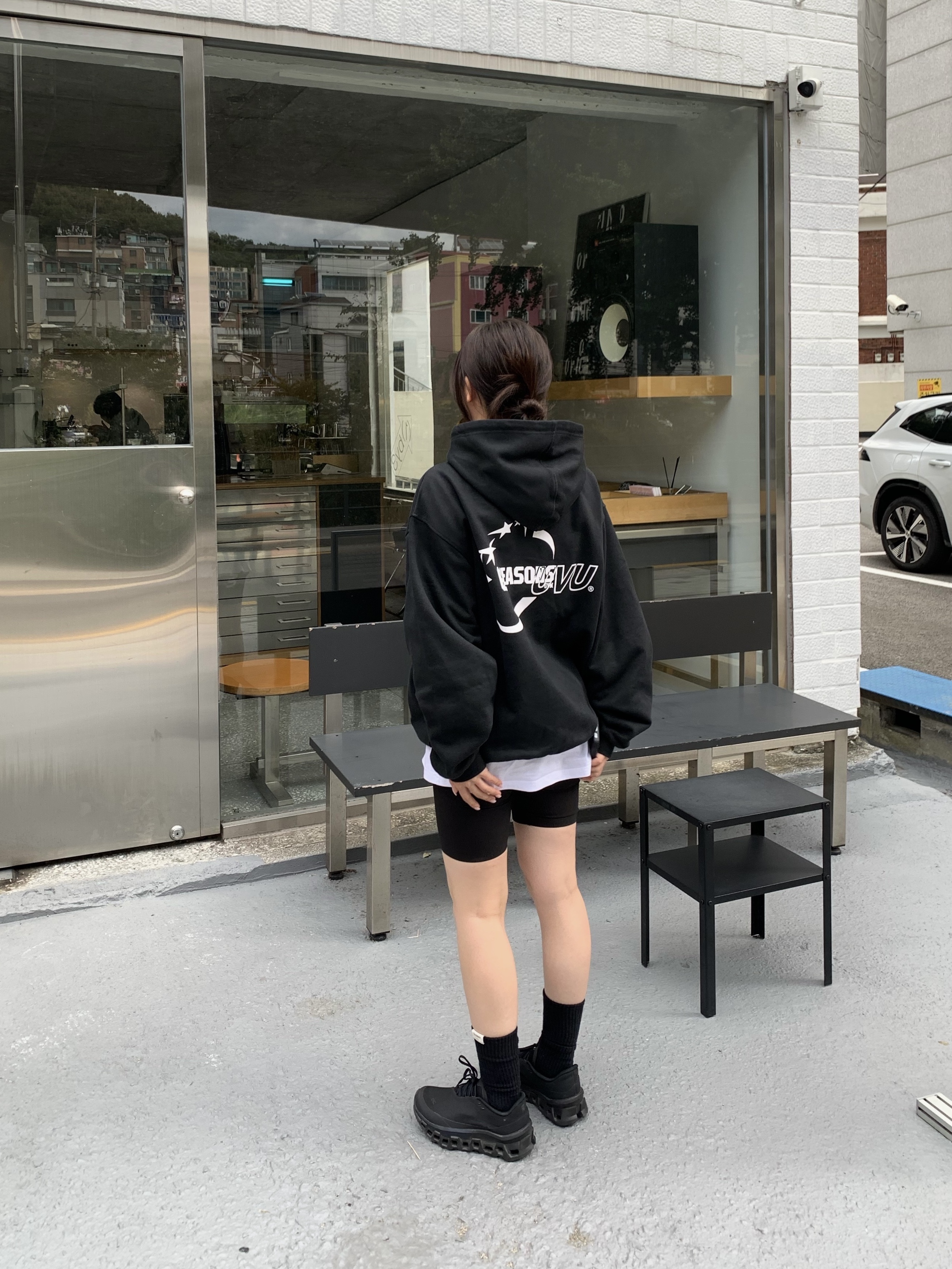 (W) On Running x Post Archive Faction (Paf) Cloudmonster 2 Black Magnet, UVU Half Tight 2.0 Black 착용 스타일