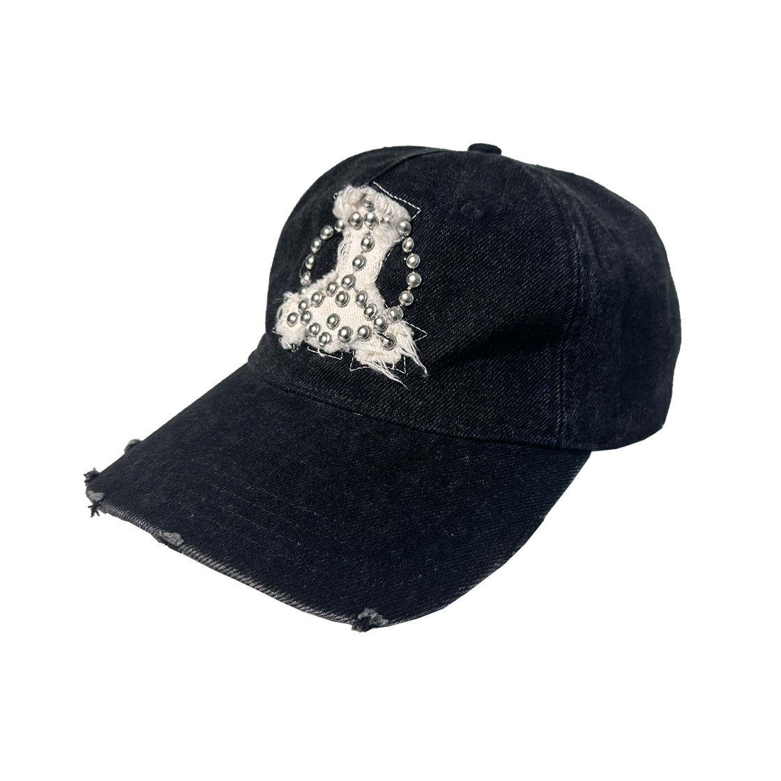코드 피스풀 스터드 패치 캡 블랙 데님(Cord Peaceful Studded Patch Cap Black Denim)