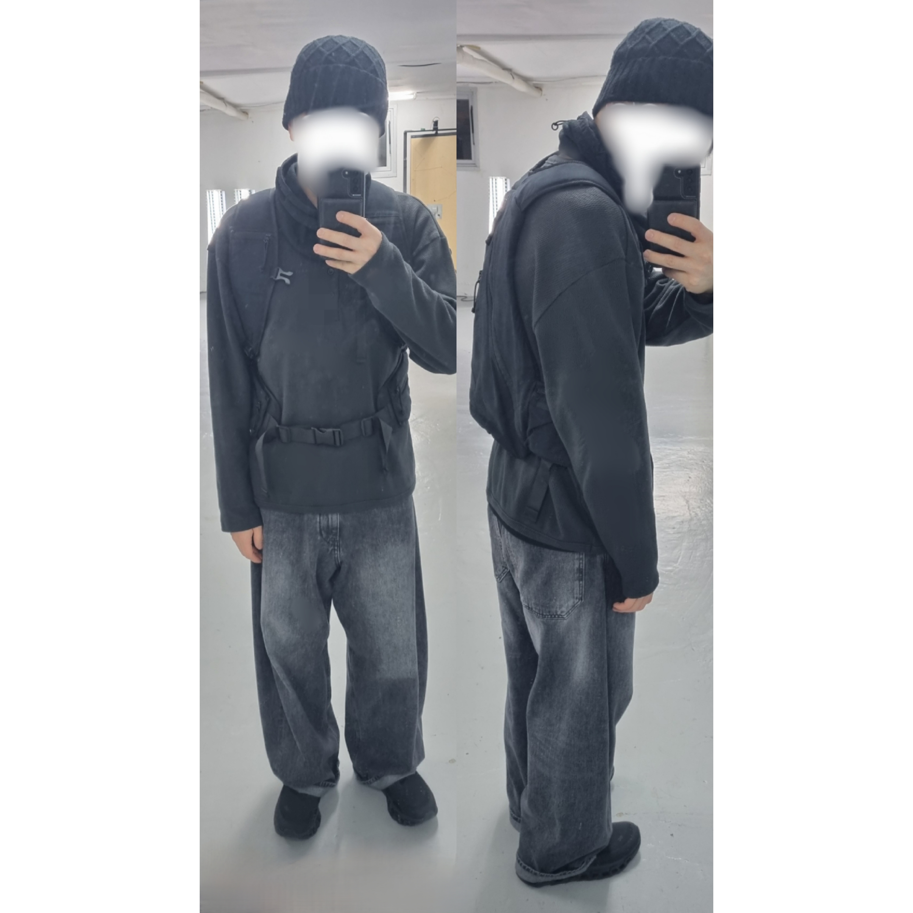 On Running x Post Archive Faction (Paf) Cloudmonster 2 Black Magnet, Uniqlo x JW Anderson Heattech Diamond Stitch Beanie Black 착용 스타일 - 1
