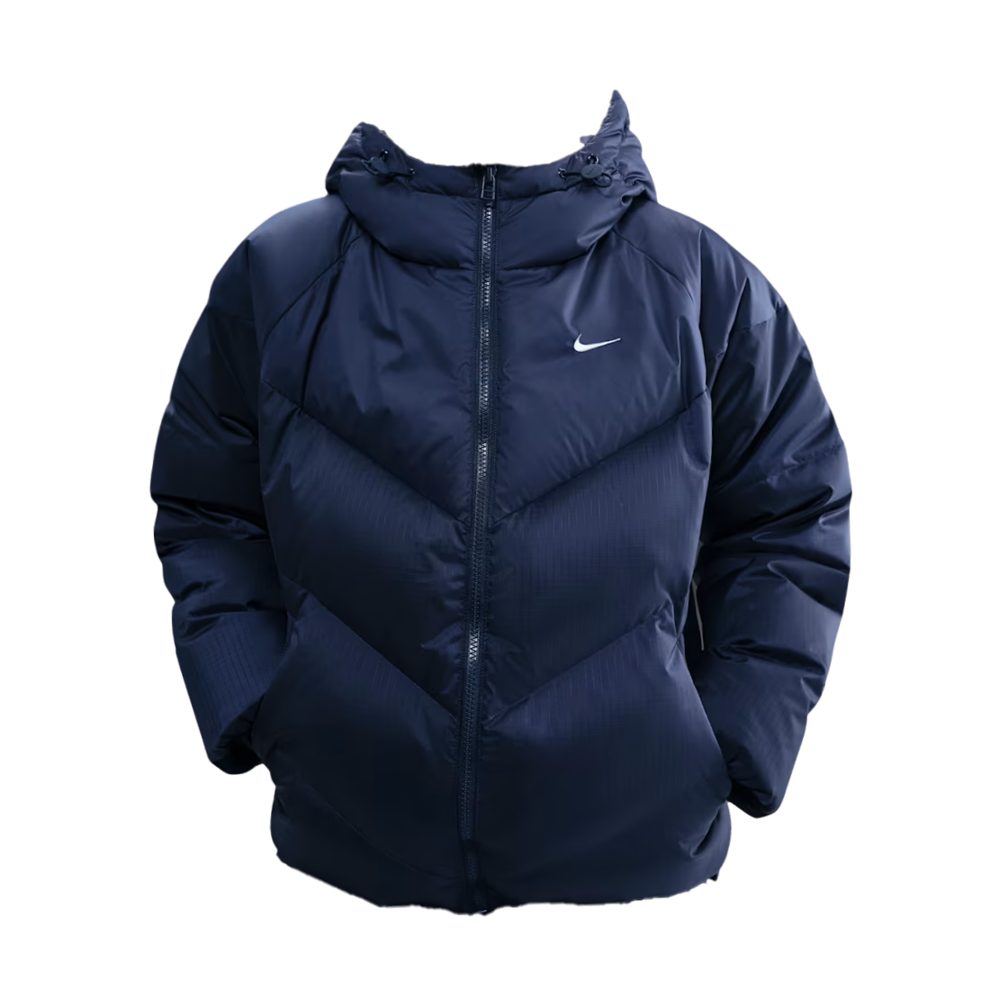 (W) 나이키 NSW 윈드 푸퍼 스톰핏 루즈 후드 다운 패딩 미드나잇 네이비 세일((W) Nike NSW Wind Puffer Storm-Fit Loose Hooded Down Padded Midnight Navy Sail) - 1