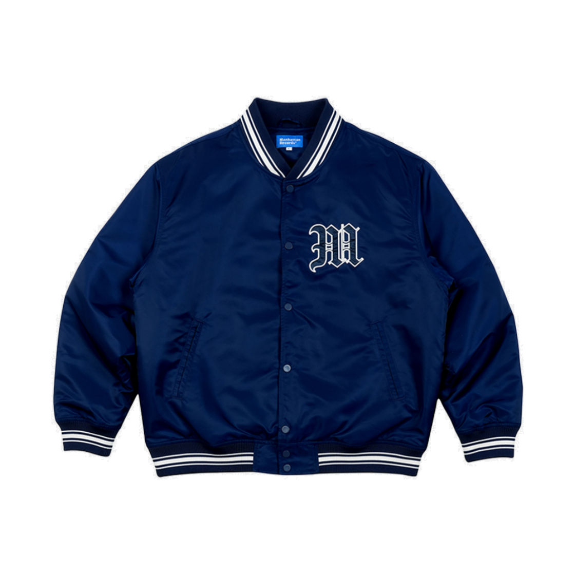맨하탄 레코즈 엠 로고 사틴 베이스볼 자켓 - 네이비