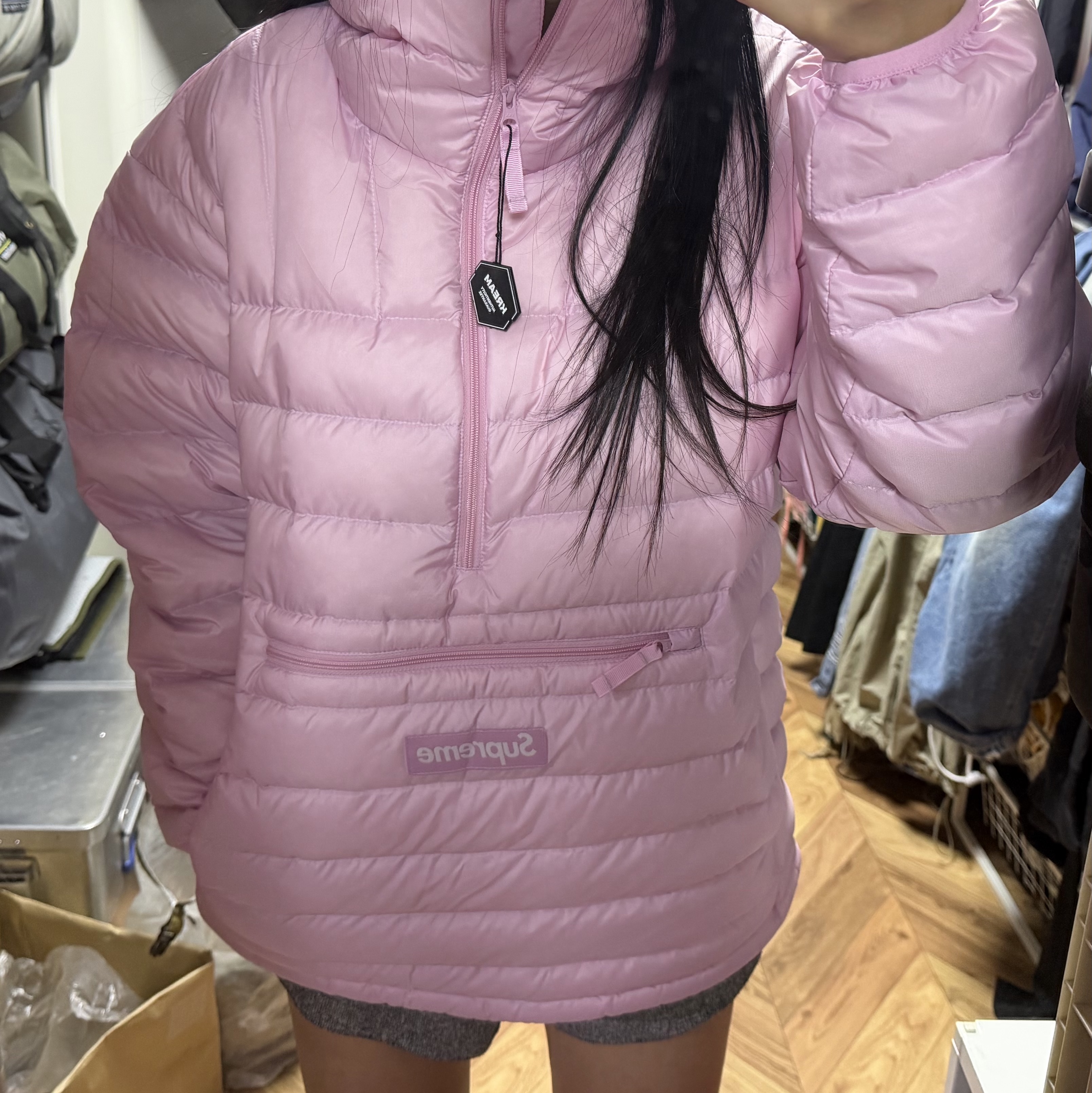 Supreme Micro Down Half Zip Hooded Pullover Light Pink - 25FW 착용 스타일