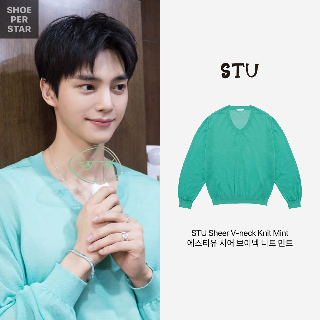 STU Sheer V-neck Knit Mint 착용 스타일 - 2