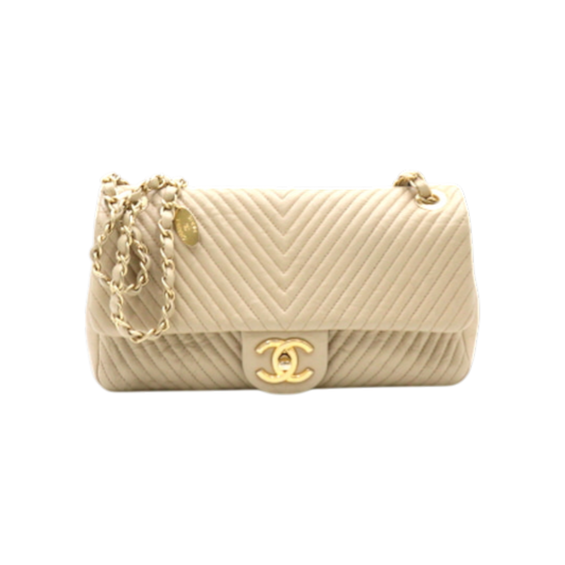 ITL7P3F8LCOB Chanel Beige Calfskin Chevron Flap CC Gold Chain Shoulder Bag