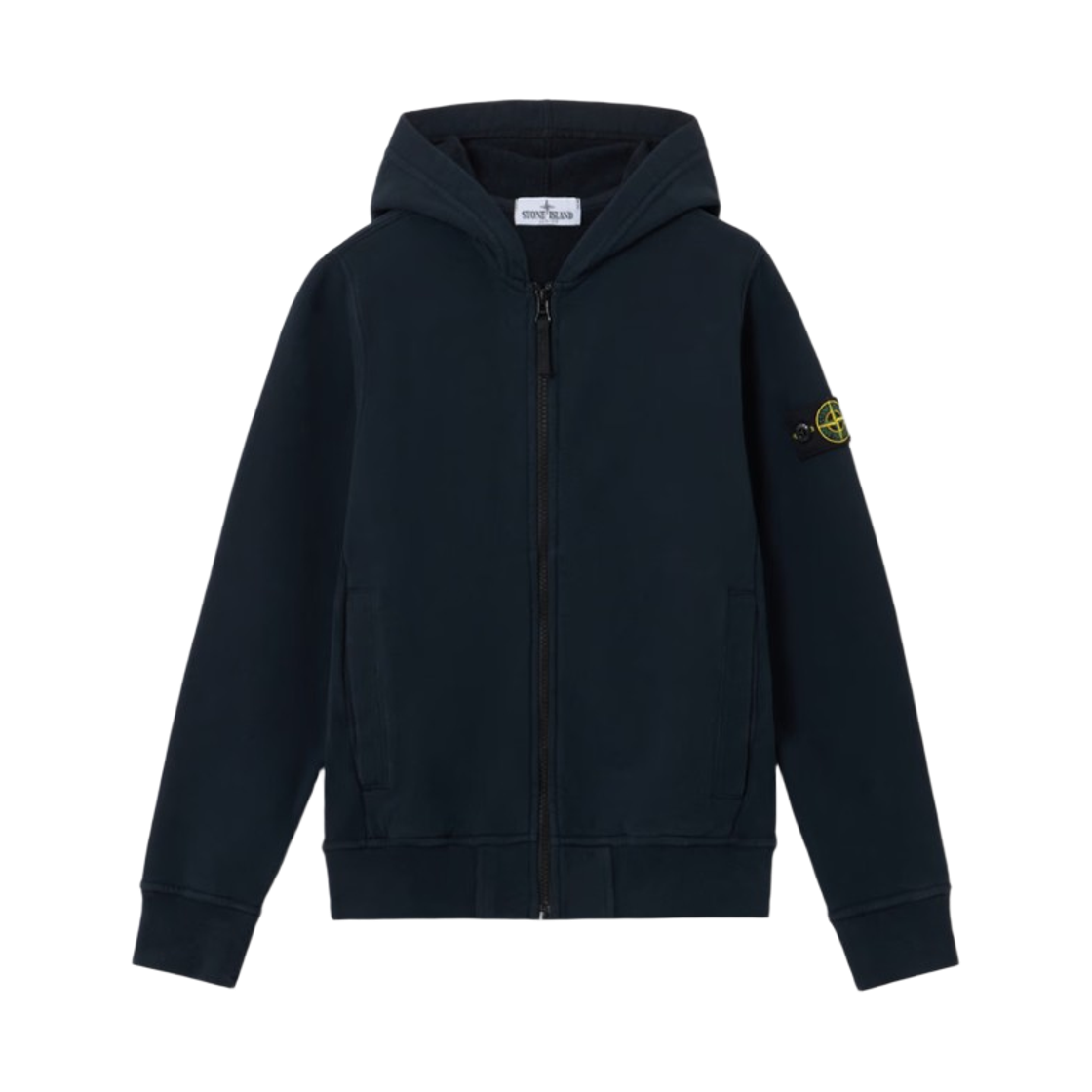 (키즈) 스톤 아일랜드 6100003 포켓 립드 디테일 오가닉 코튼 플리스 후드 집업 스웨트셔츠 네이비 블루 - 25FW((Kids) Stone Island 6100003 Organic Cotton Fleece Hooded Zip Up Sweatshirt with Pockets and Ribbed Details Navy Blue - 25FW) - 1