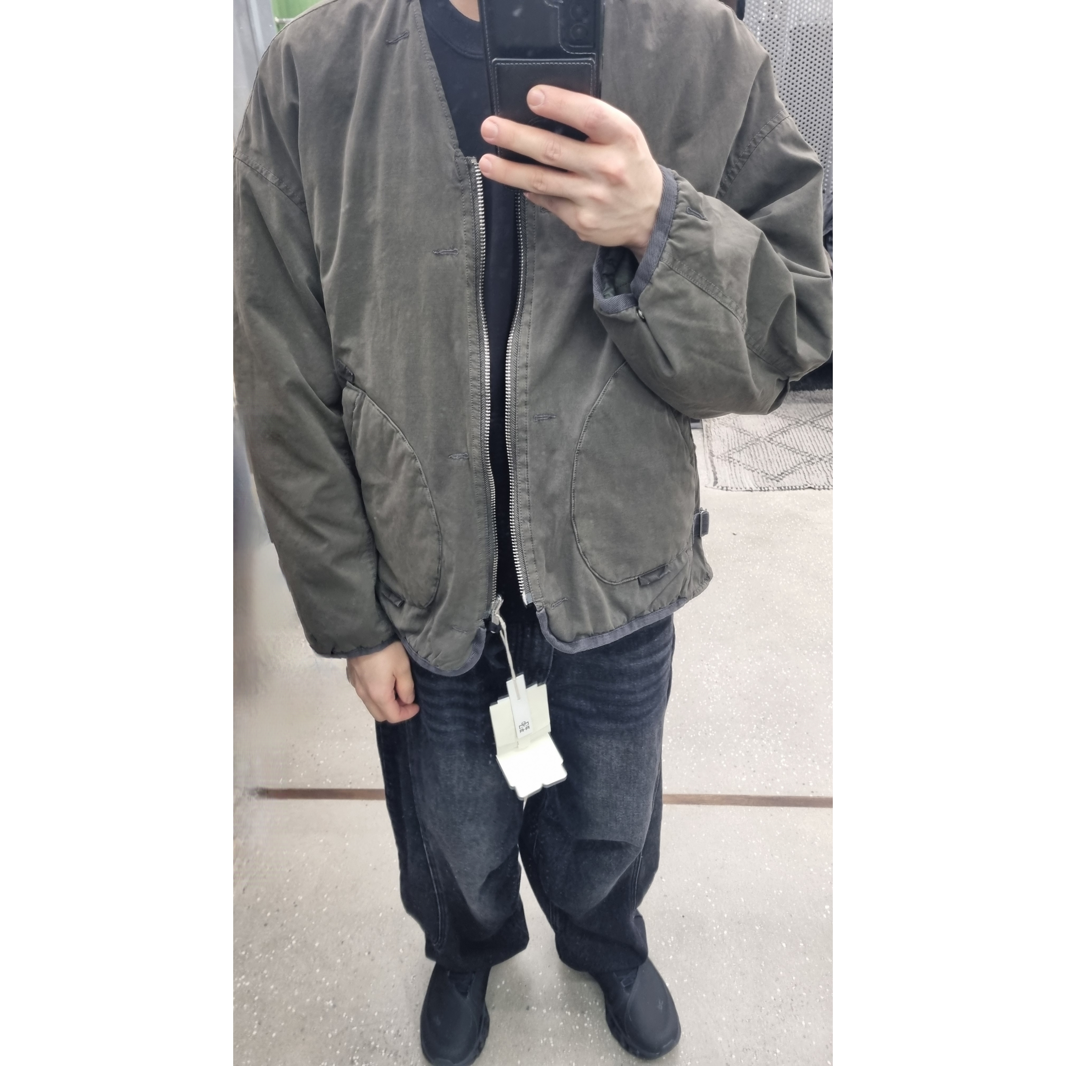 On Running x Post Archive Faction (Paf) Cloudmonster 2 Black Magnet, Polyteru Reversible Liner Jacket Used Olive + Quilted Green 착용 스타일 - 1
