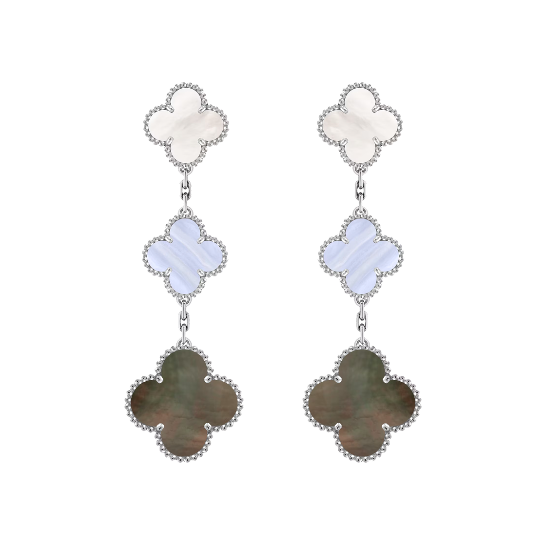 (W) 반 클리프 & 아펠 매직 알함브라 이어링 3 모티브 18K 화이트 골드 마더오브펄 칼세도니((W) Van Cleef & Arpels Magic Alhambra Earrings 3 Motifs 18K White Gold Mother of Pearl Chalcedony)