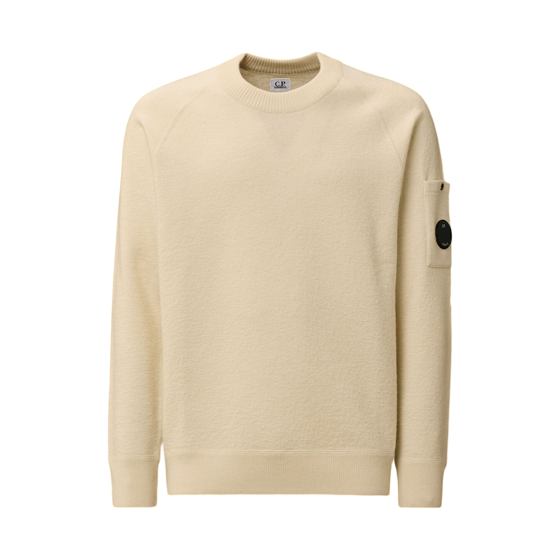 C.P. 컴퍼니 메리노 울 펠티드 크루넥 렌즈 스웨터 거즈 화이트 - 25FW(C.P. Company Merino Wool Felted Crewneck Lens Sweater Gauze White - 25FW)