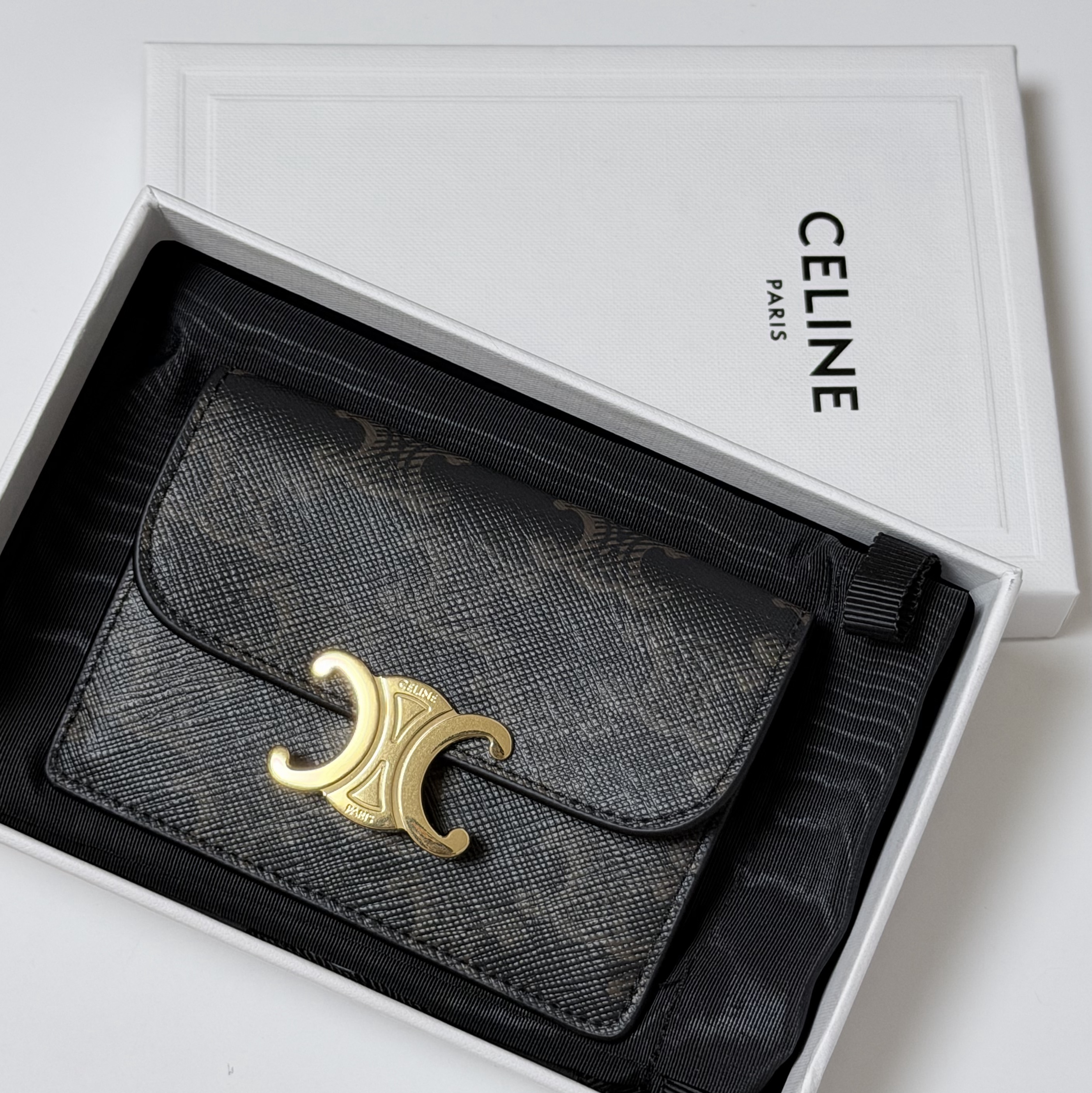 Celine Card Holder with Flap in Triomphe Canvas Tan 착용 스타일 - 2