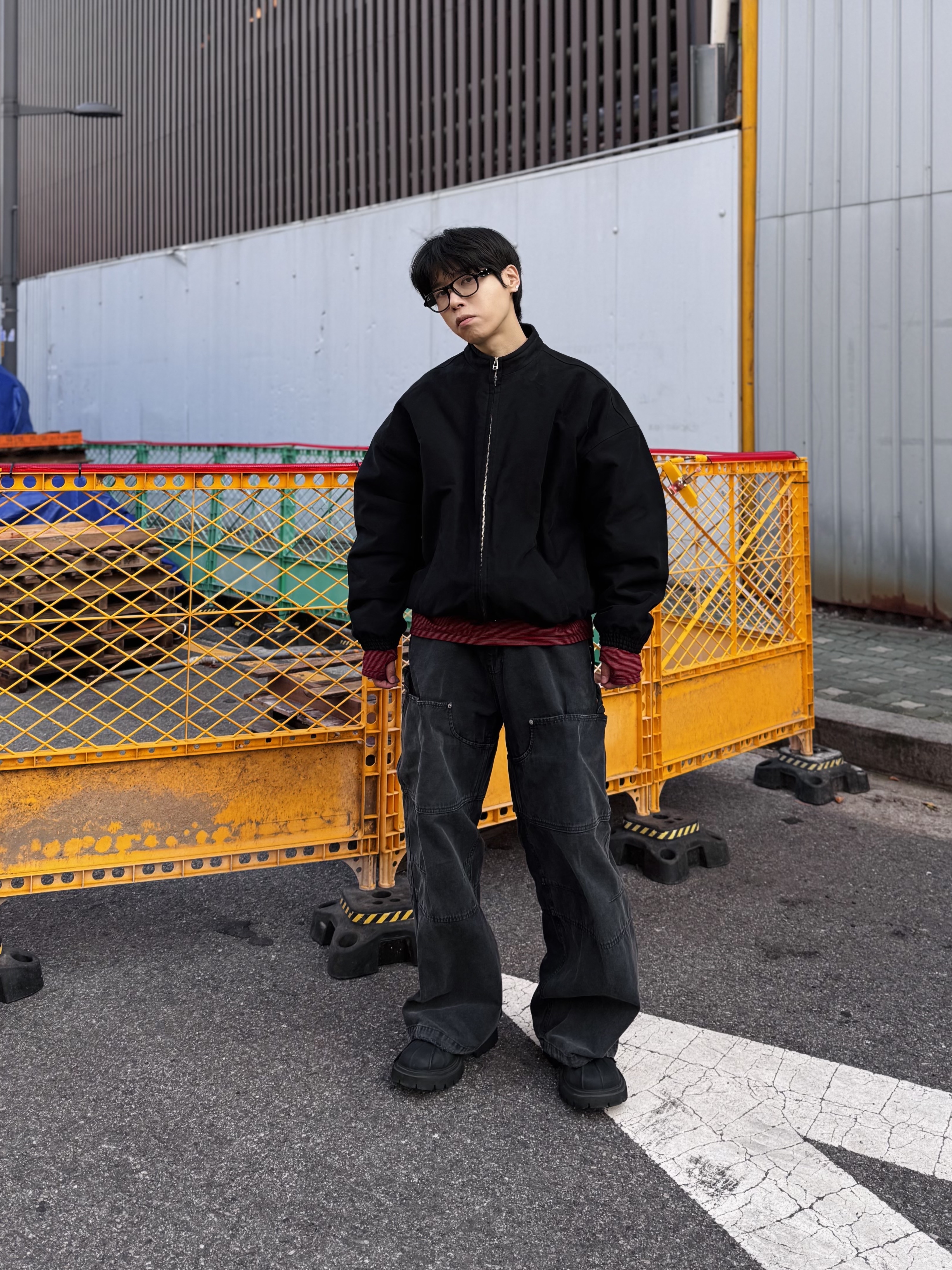 Nonnod Moleskine Bomber Jacket Matt Black, Nonnod Double Knee Cover Pants Vintage Black 착용 스타일 - 9