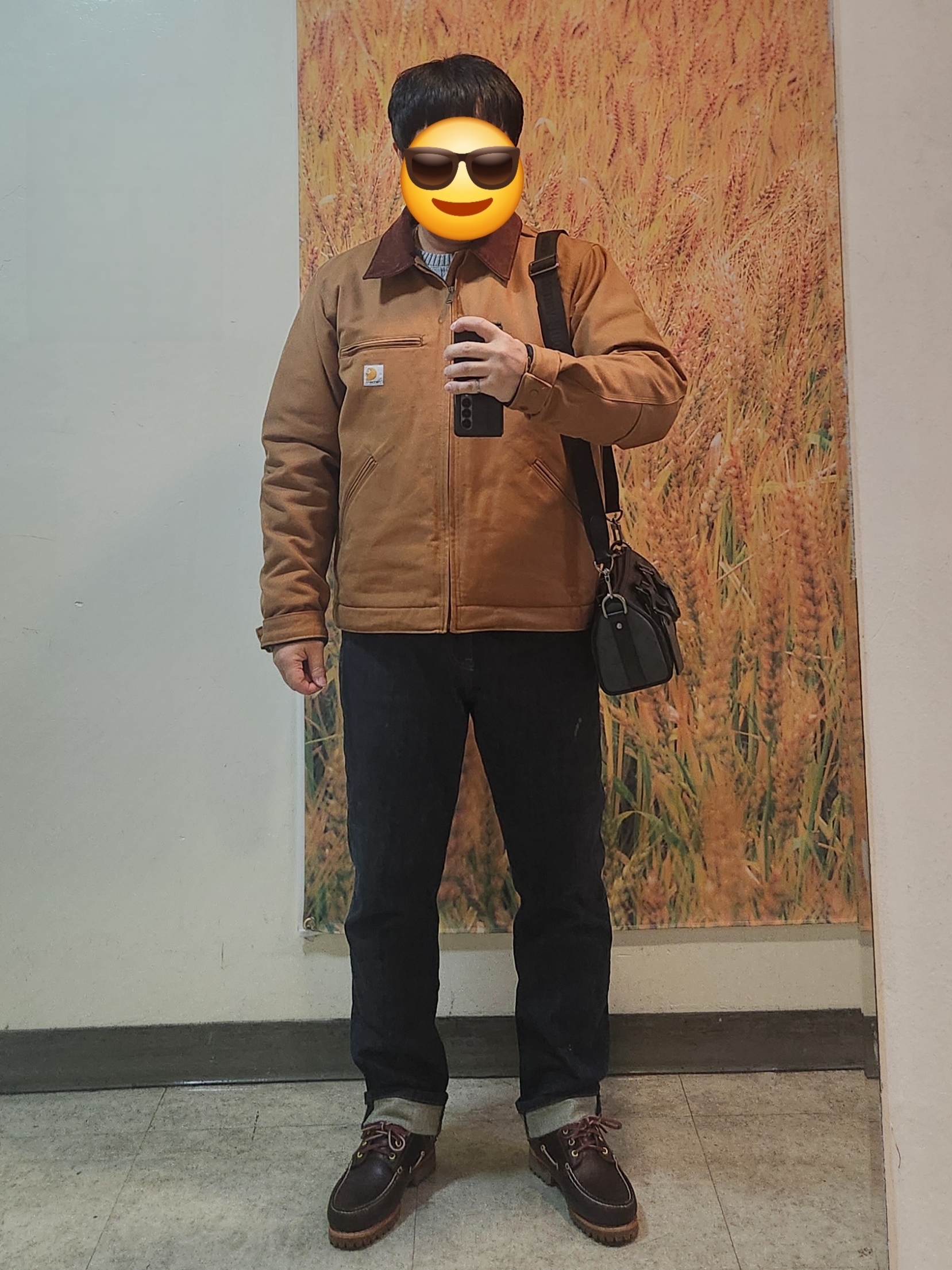 Carhartt Blanket Lined Relaxed Fit Regular Duck Detroit Jacket Carhartt Brown, Timberland Classic 3-Eye Boat Shoes Brown - Wide 착용 스타일