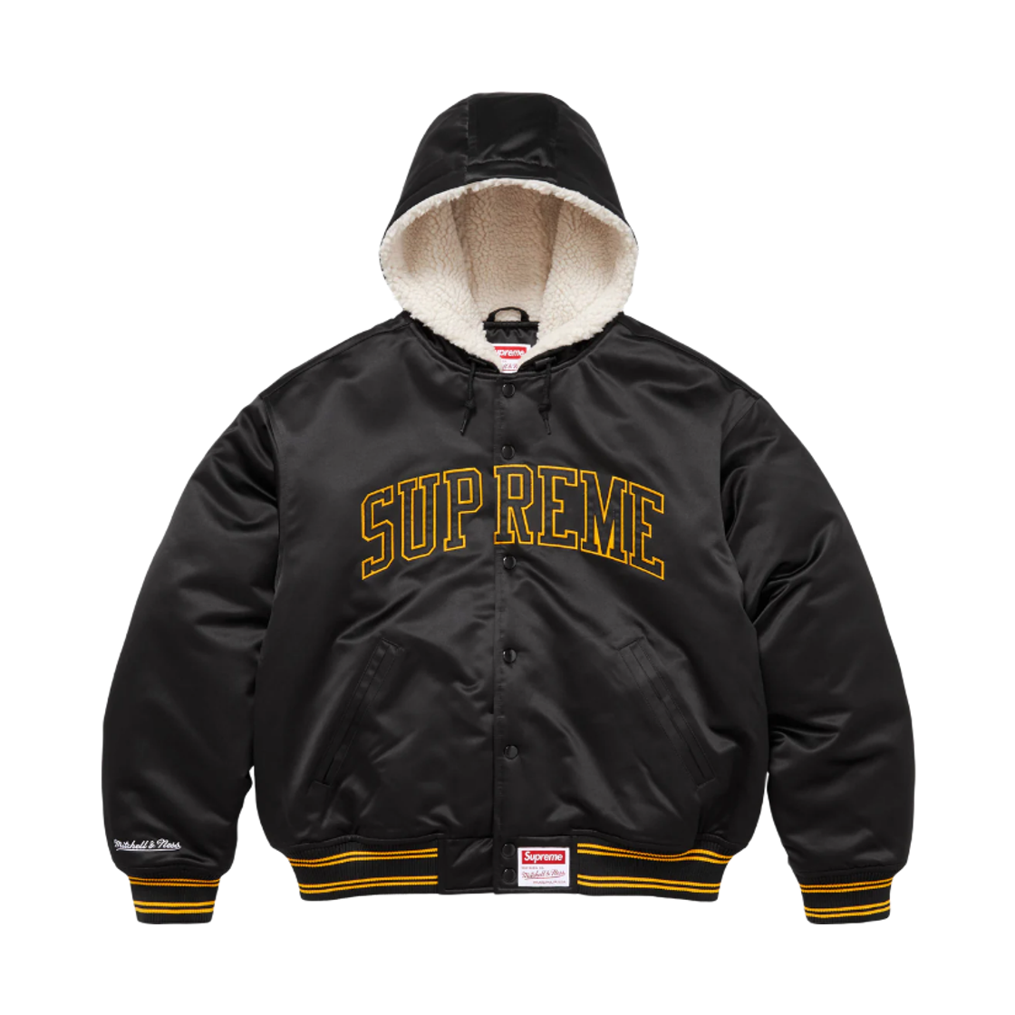슈프림 미첼 & 네스 라인드 후드 사틴 바시티 자켓 블랙 - 25FW(Supreme Mitchell & Ness Lined Hooded Satin Varsity Jacket Black - 25FW)