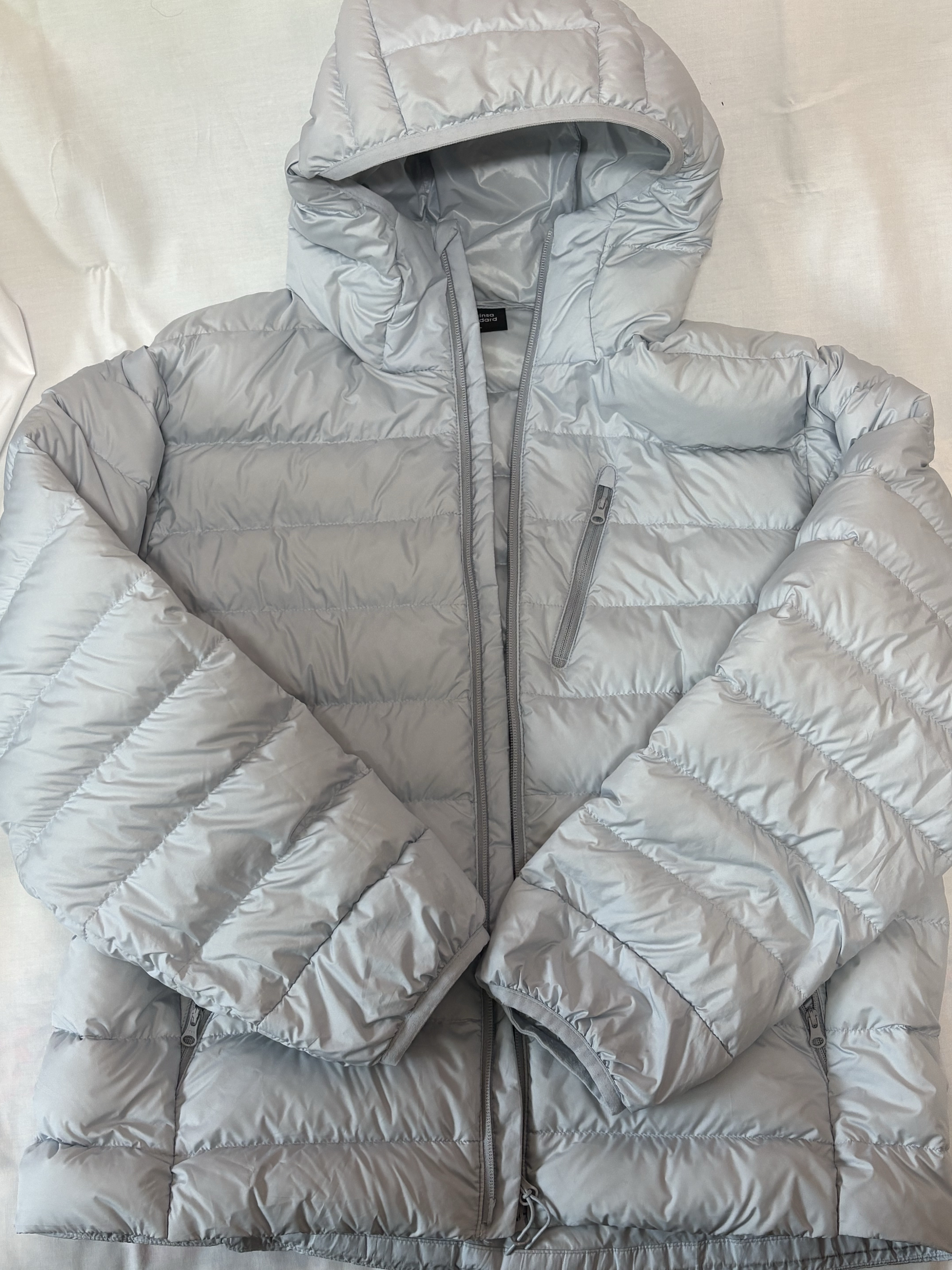 Musinsa Standard City Leisure Hooded Light Down Jacket Cloudy Blue 착용 스타일