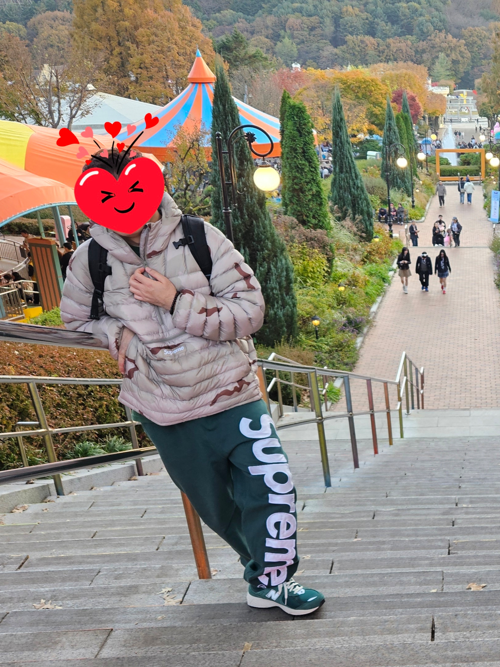Supreme Micro Down Half Zip Hooded Pullover Desert Camo - 24FW, Supreme Satin Applique Sweatpants Dark Green - 24FW 착용 스타일 - 1