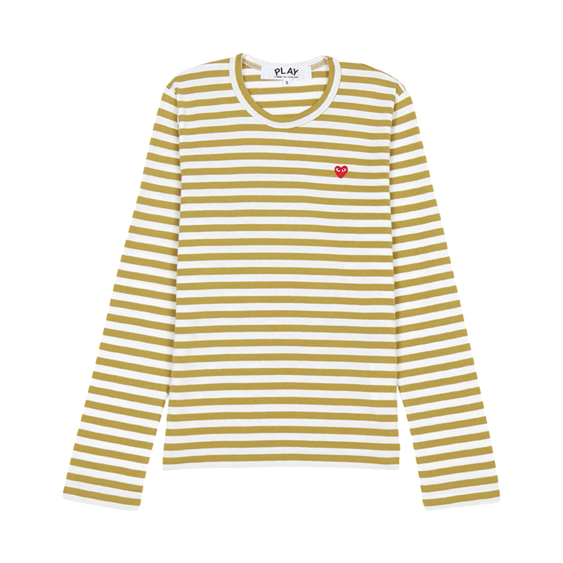 (W) 플레이 꼼데가르송 미니 레드와펜 스트라이프 롱슬리브 티셔츠 머스타드((W) Play Comme des Garcons Mini Redwappen Striped Long Sleeve T Shirt Mustard)