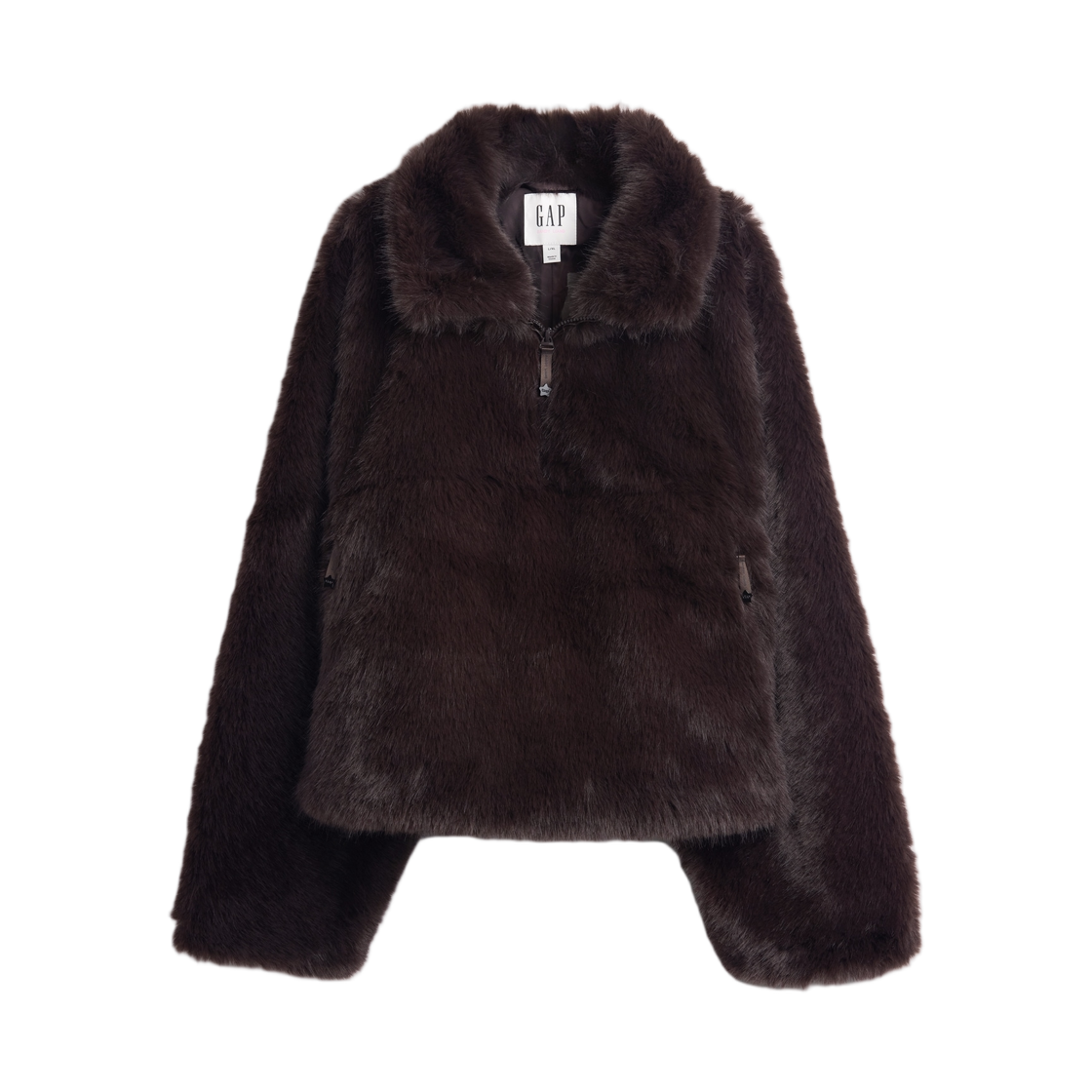 (W) 갭 × 샌디 리앙 비건 퍼 하프 집 풀오버 테라 브라운((W) Gap × Sandy Liang Vegan Fur Half-Zip Pullover Terra Brown)
