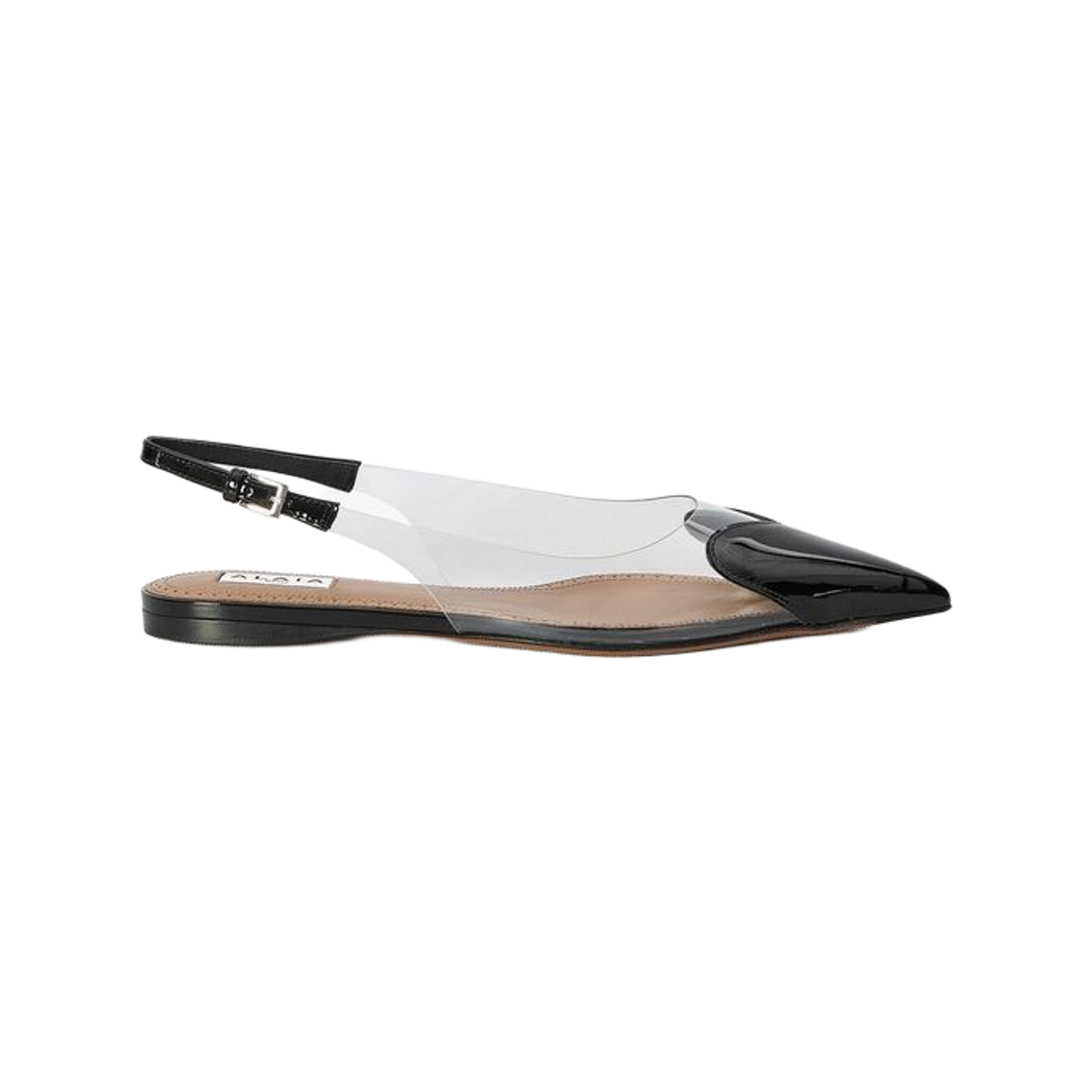 (W) 알라이아 페이턴트 카프스킨 르 쾨르 슬링백 플랫 블랙((W) Alaia Le Cœur Slingback Flats in Patent Calfskin Black)